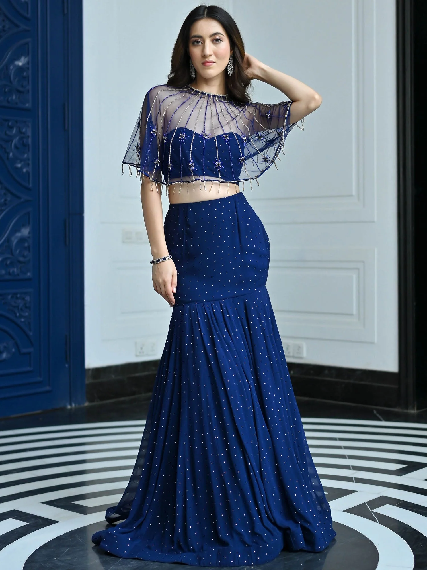 Jugnu Midnight Blue Cape & Lehenga Set - Image 5