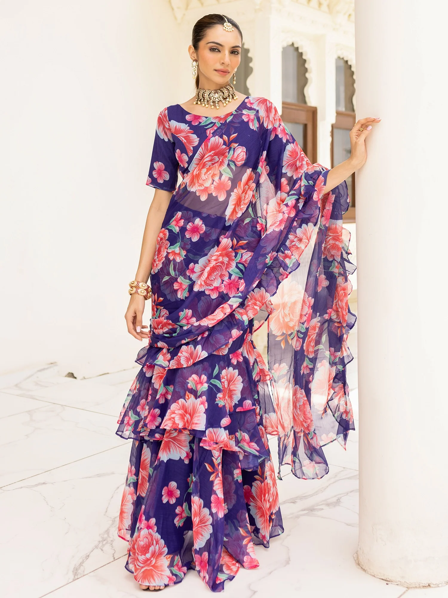 Bagh Blue Pre Draped Saree - Image 4