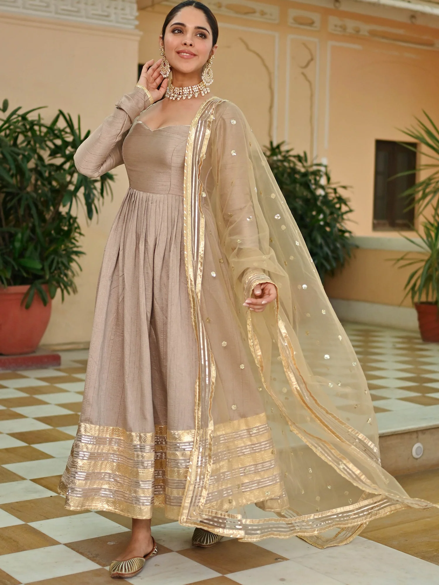 Beige Gold Silk Anarkali set - Image 7