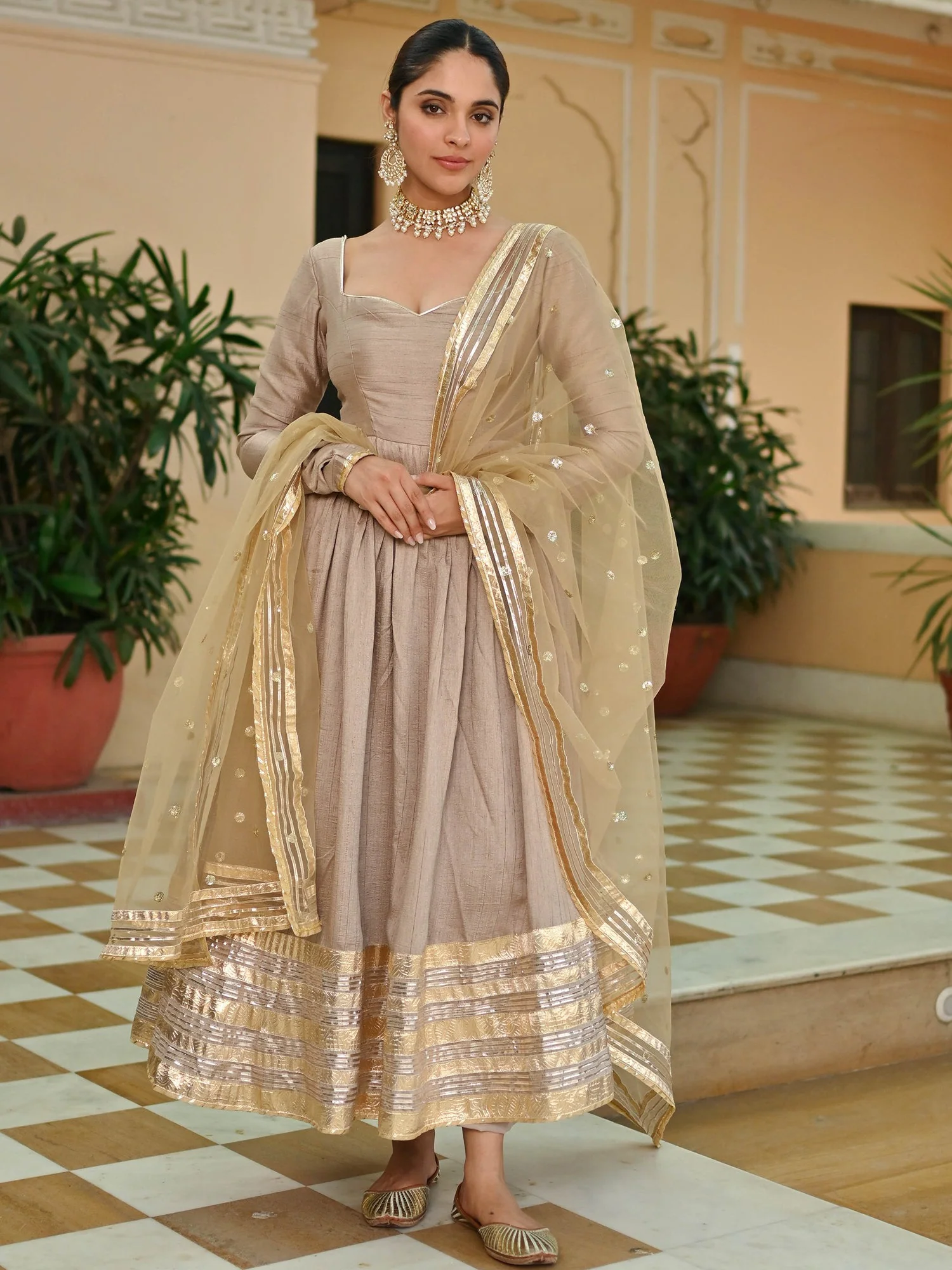Beige Gold Silk Anarkali set - Image 8