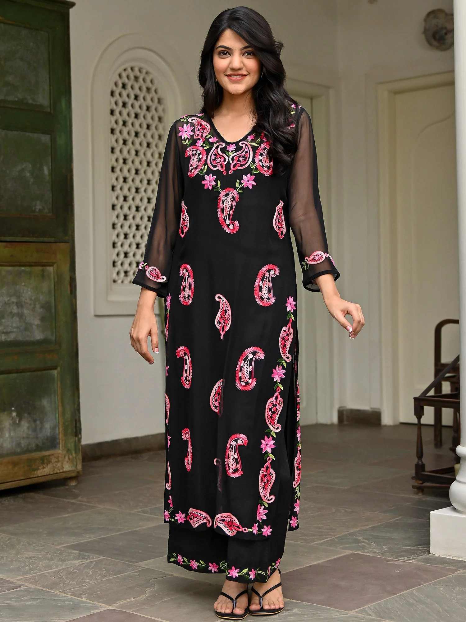 Black Georgette Embroidery Kurta Set - Image 2