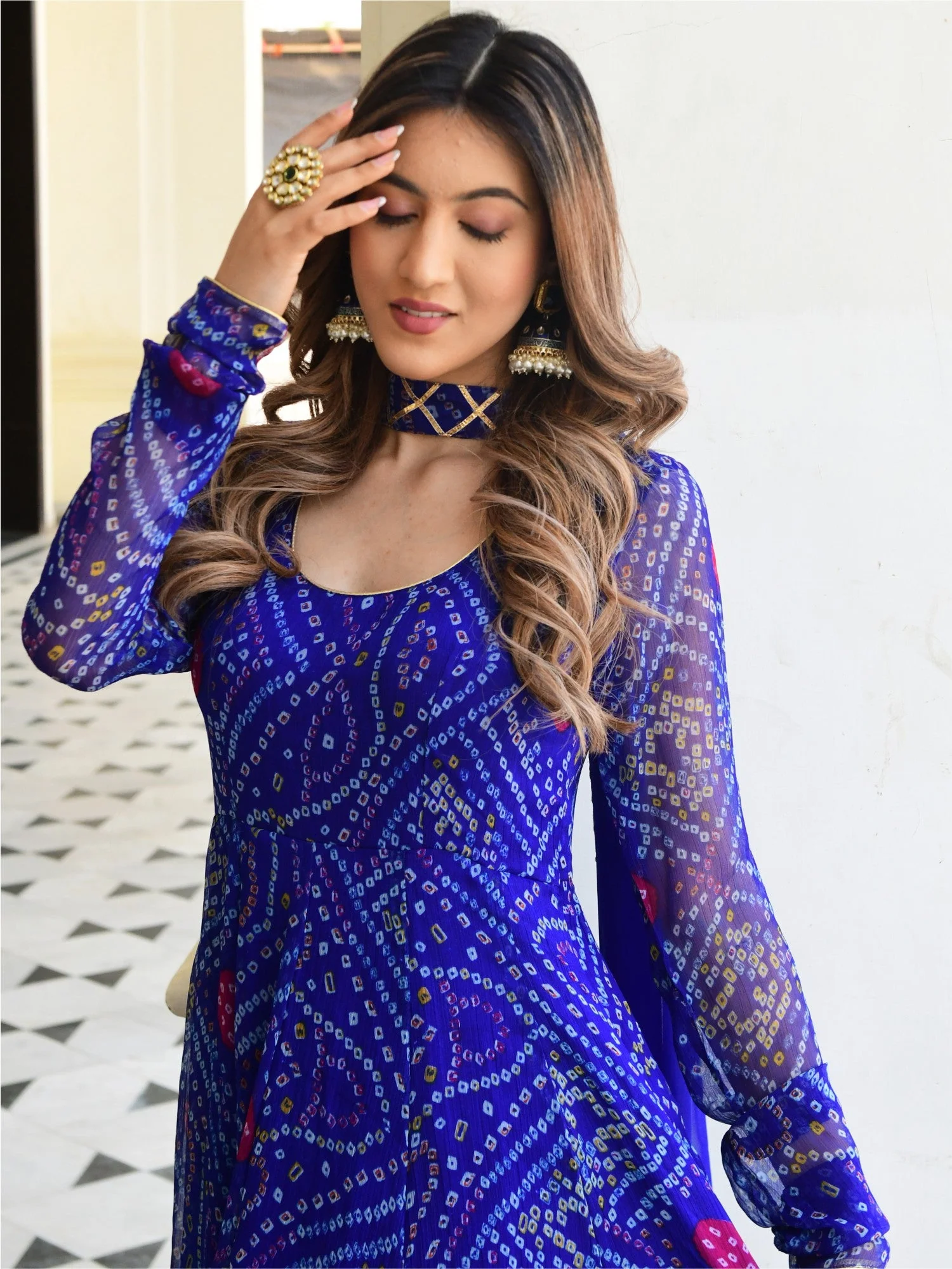 Blue Bandhni Print Anarkali Set - Image 5