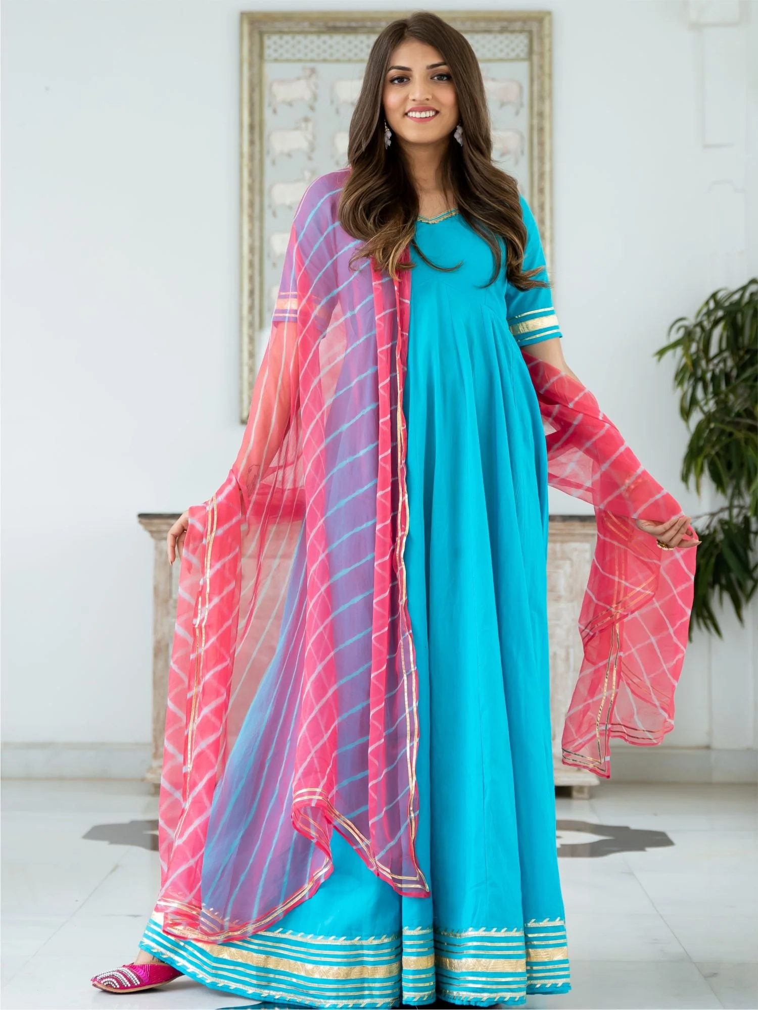 Blue Cotton Flared Anarkali With Dupatta - Image 9