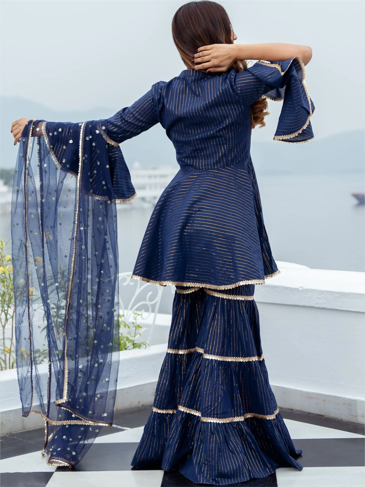 Blue Cotton Lurex Peplum and Sharara Set - Image 2