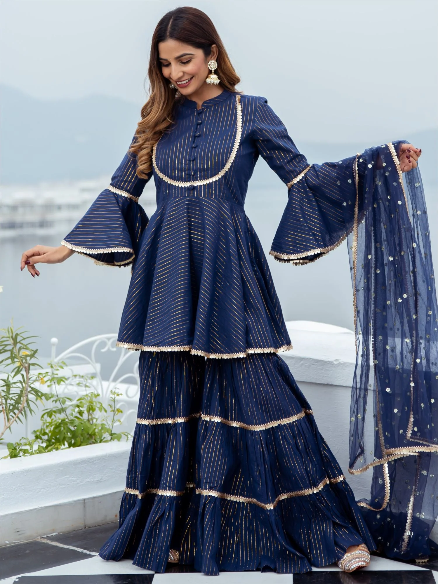 Blue Cotton Lurex Peplum and Sharara Set - Image 4