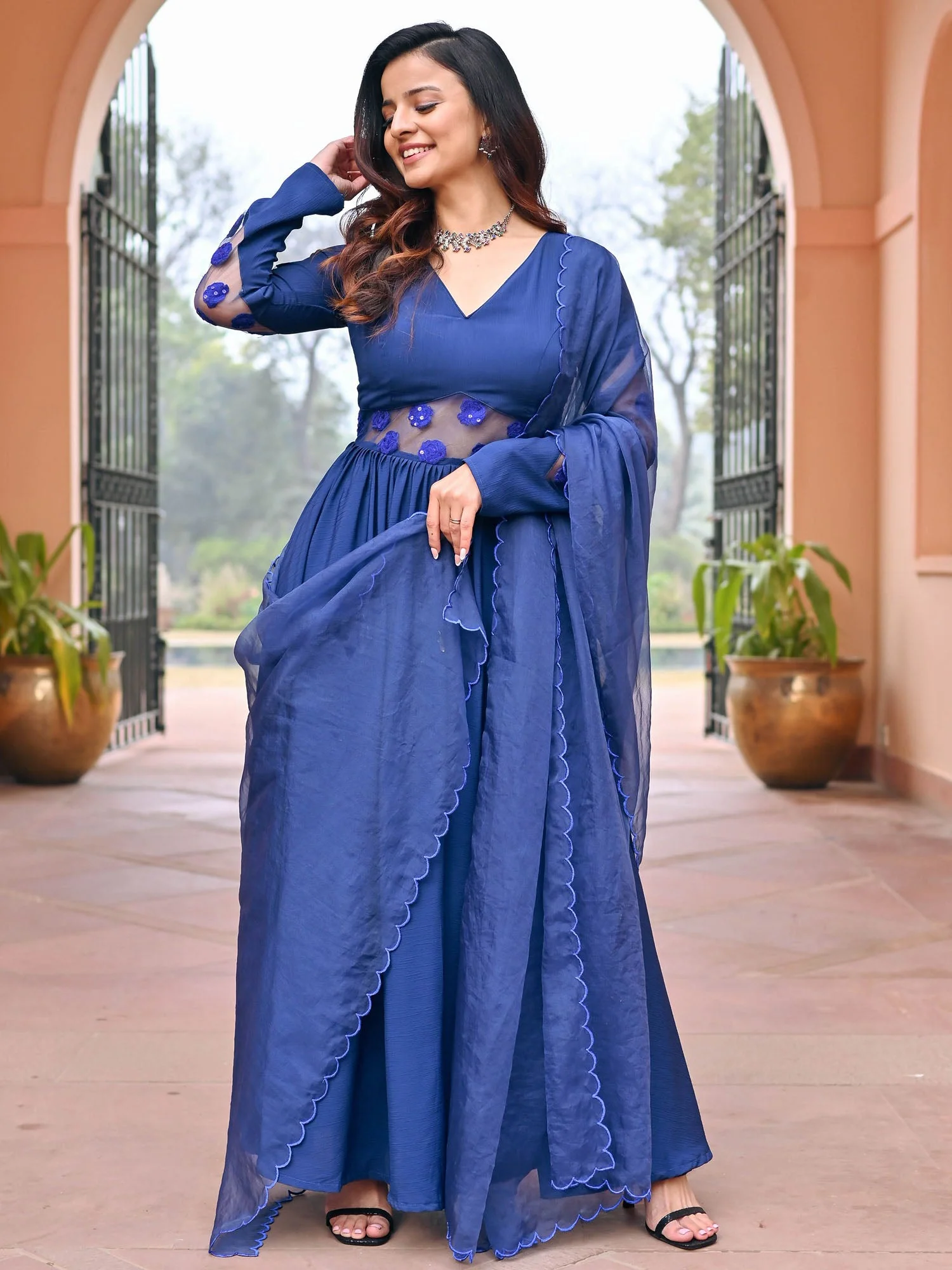 Blue Embroidered Silk Anarkali Set - Image 3