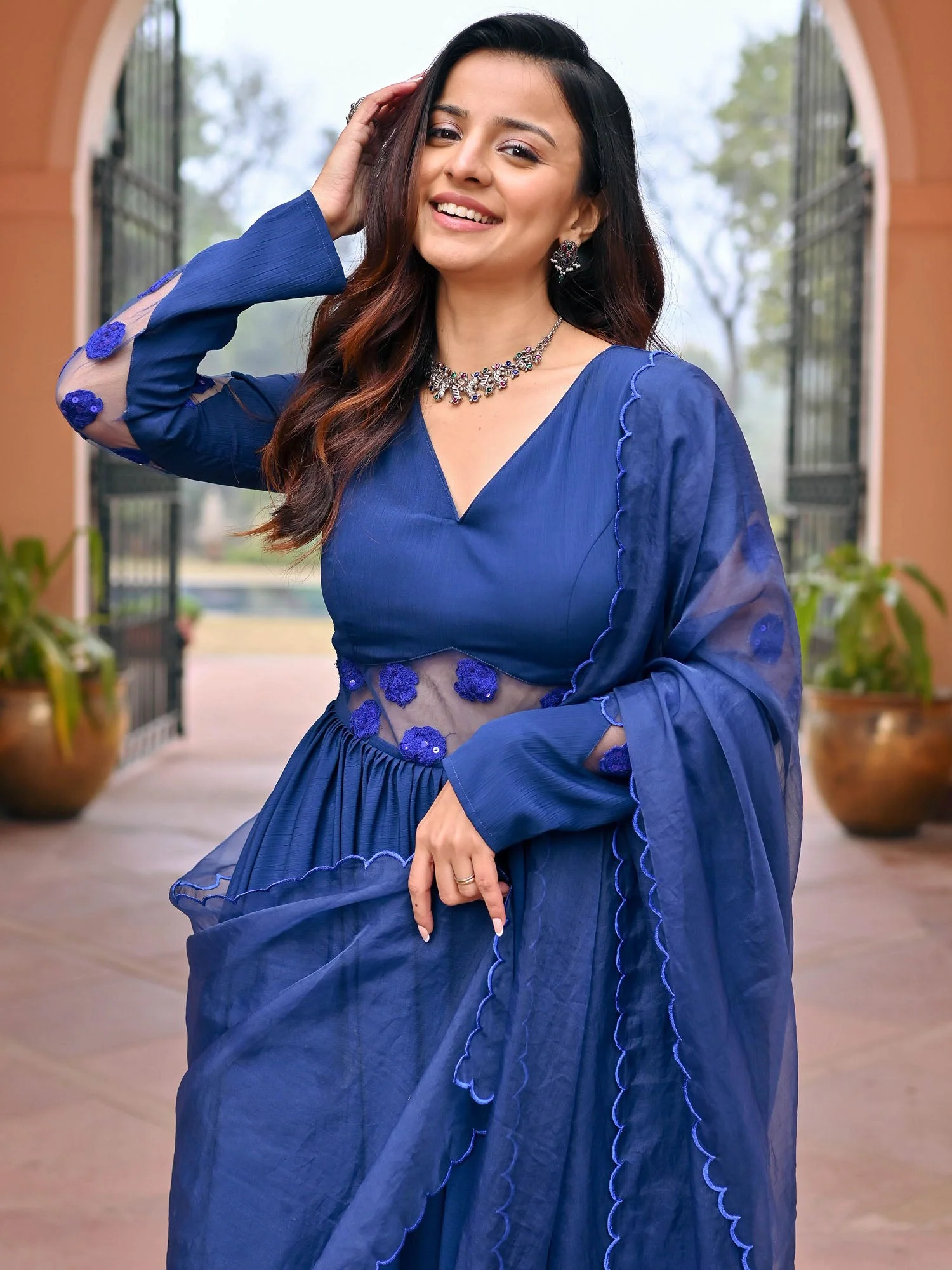 Blue Embroidered Silk Anarkali Set - Image 4