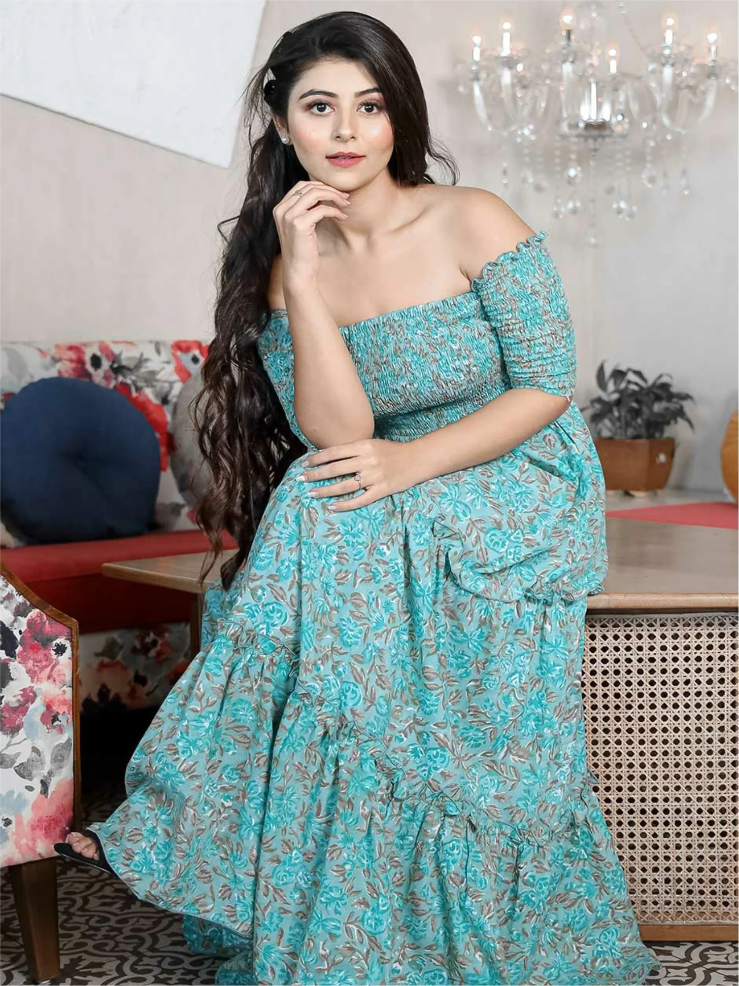 Blue Floral Printed Off Shoulder Dress - Image 3