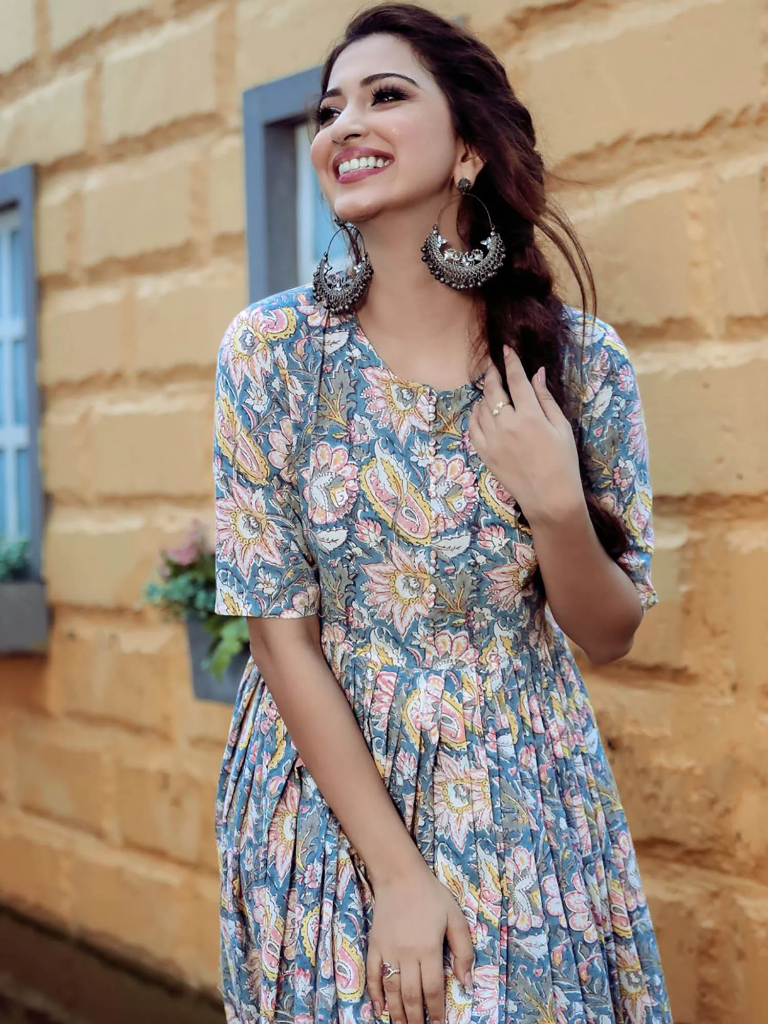 Blue Handblock Printed Long Dress - Image 4