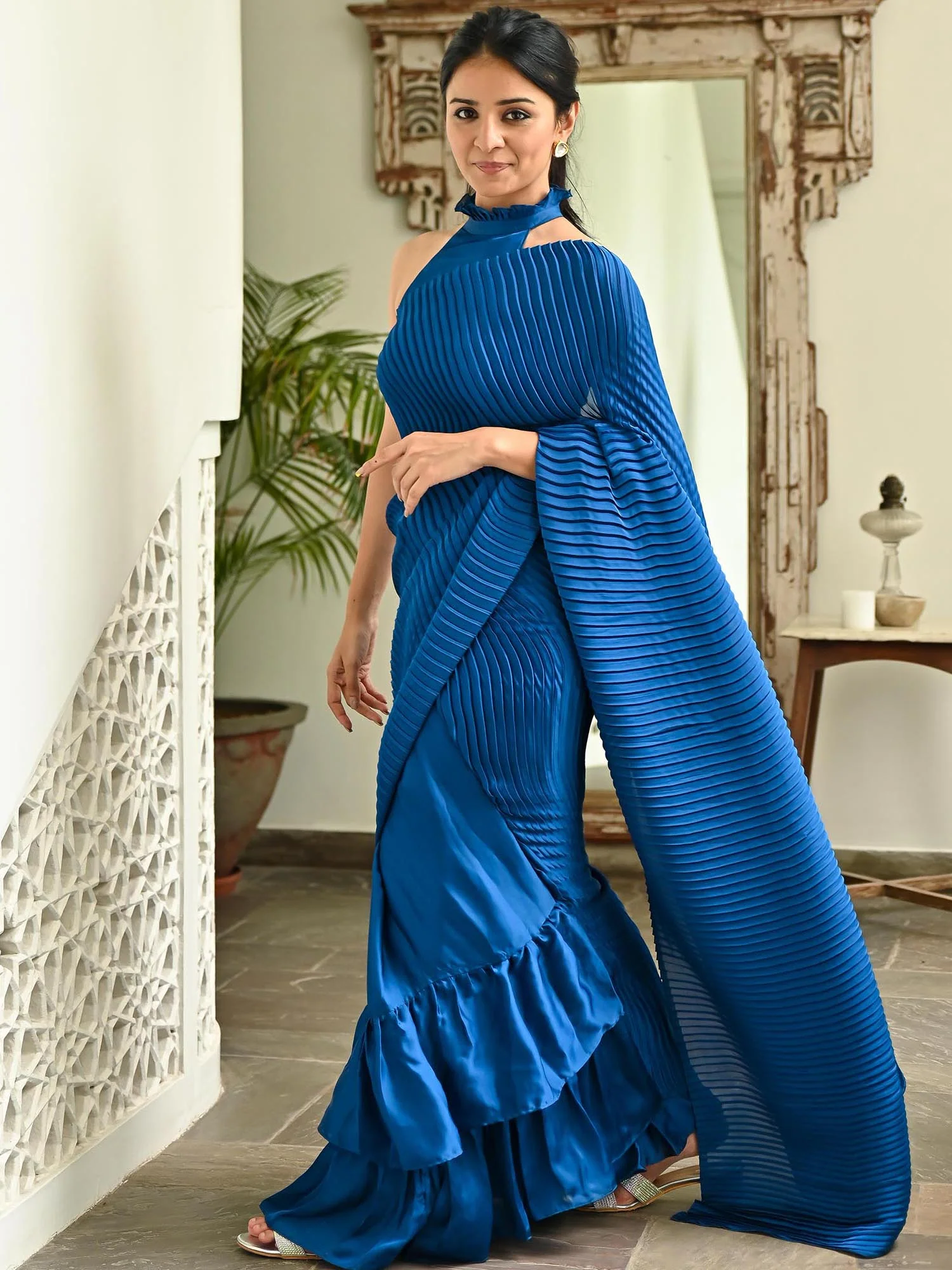 Blue Pleated Saree - Image 3