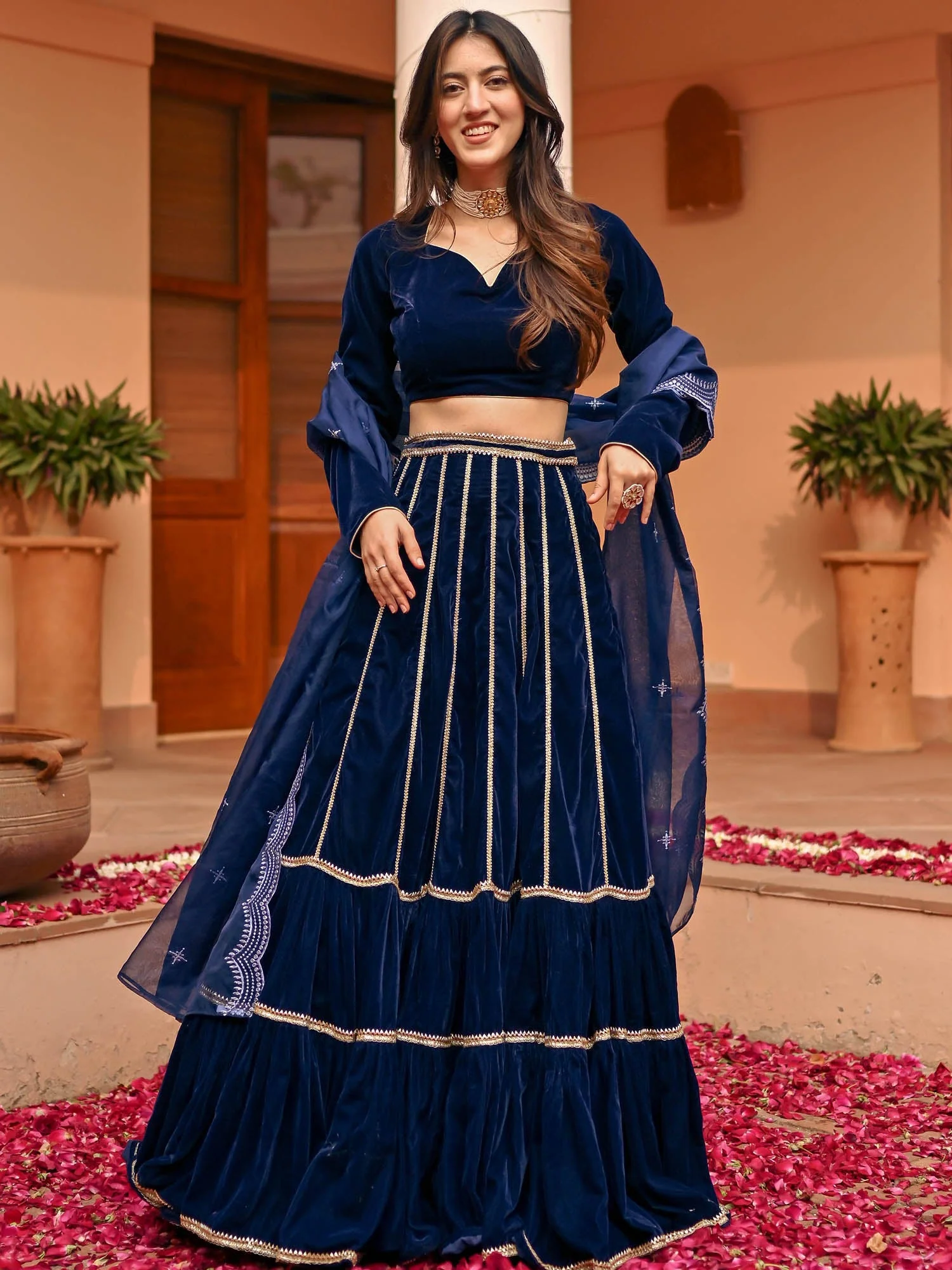 Blue Velvet Lace Lehenga Set - Image 3