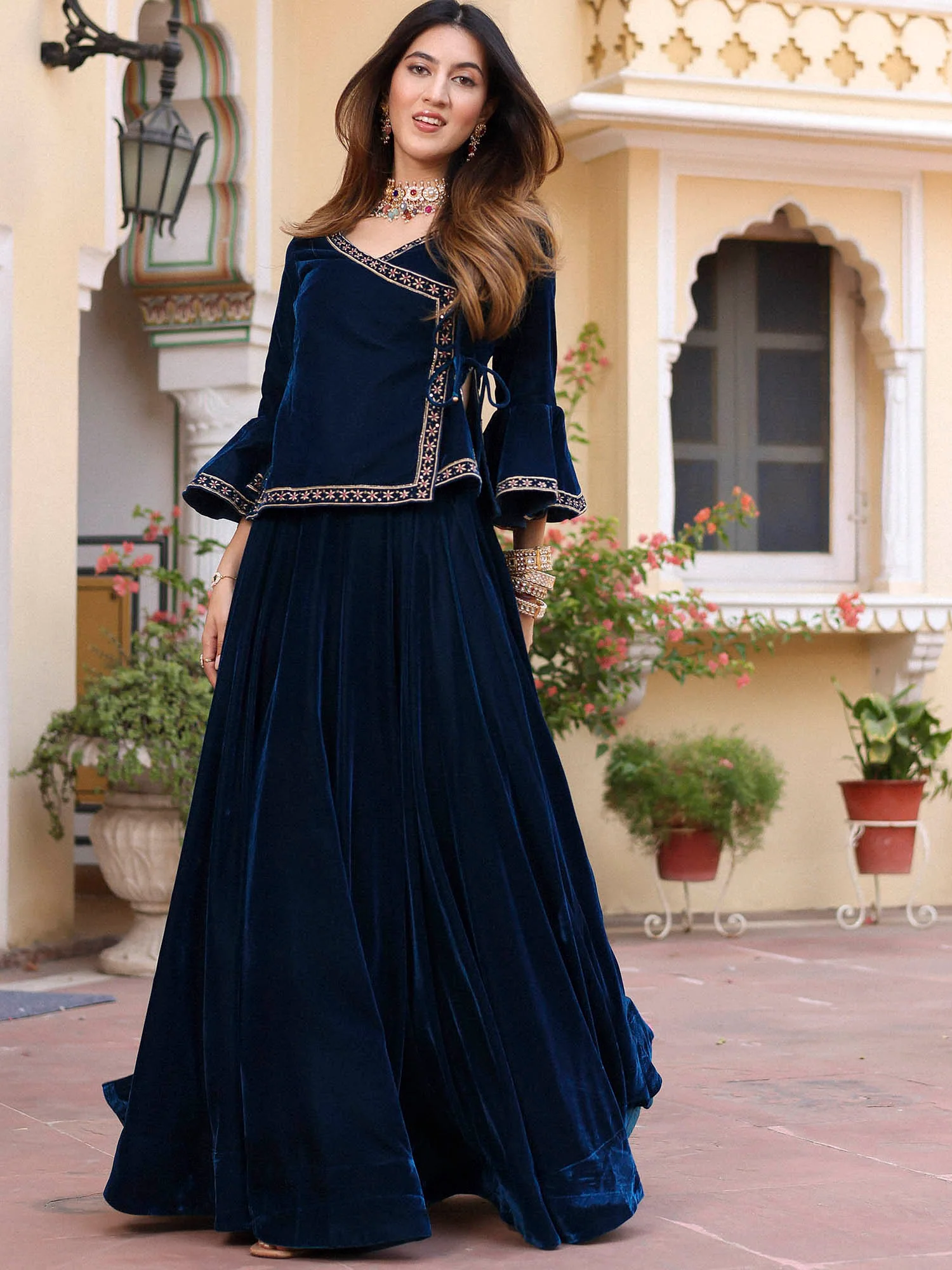 Blue Velvet Peplum Lehenga Set - Image 3