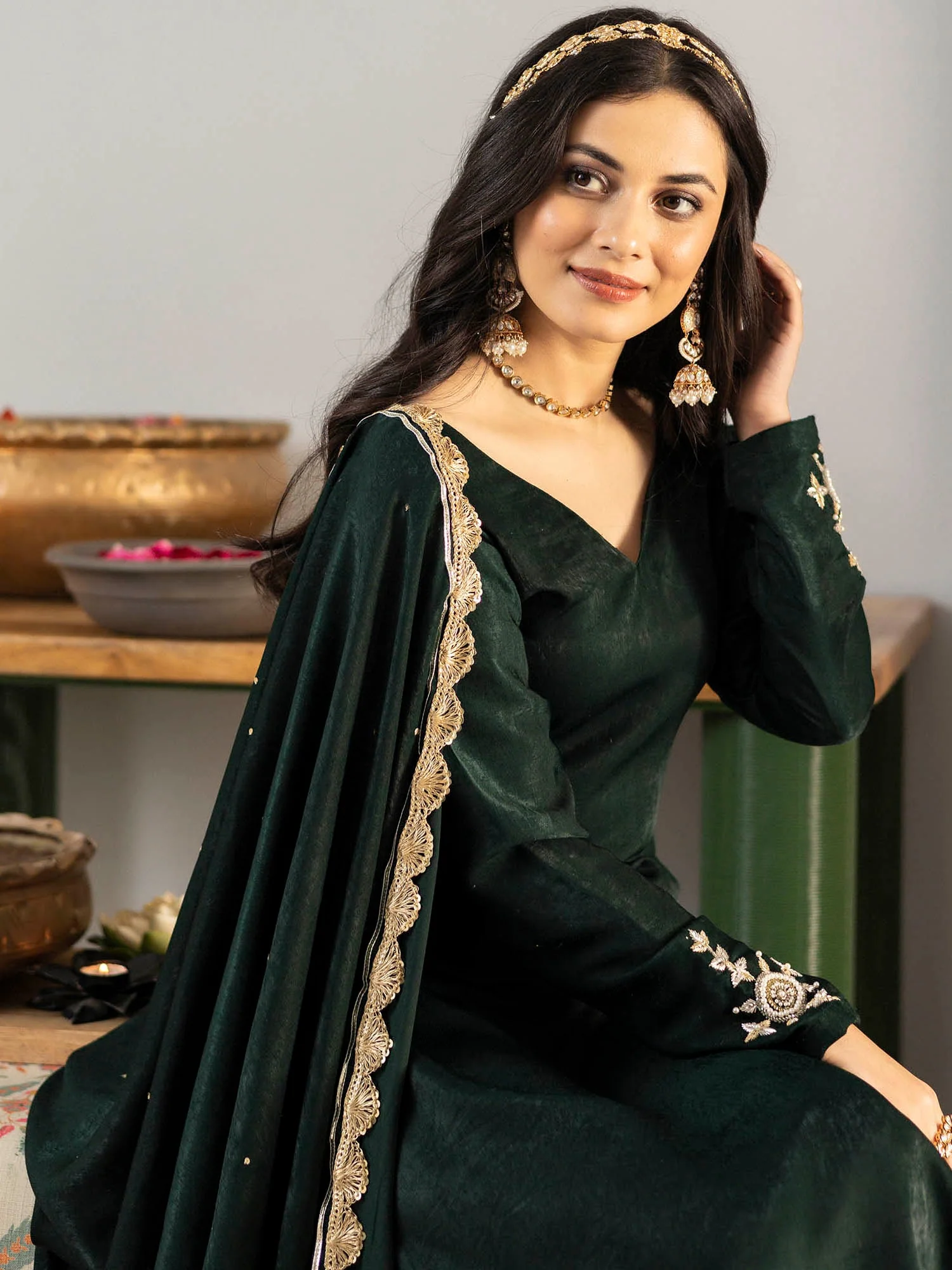 Bottle Green Apricot Kurta Set - Image 3