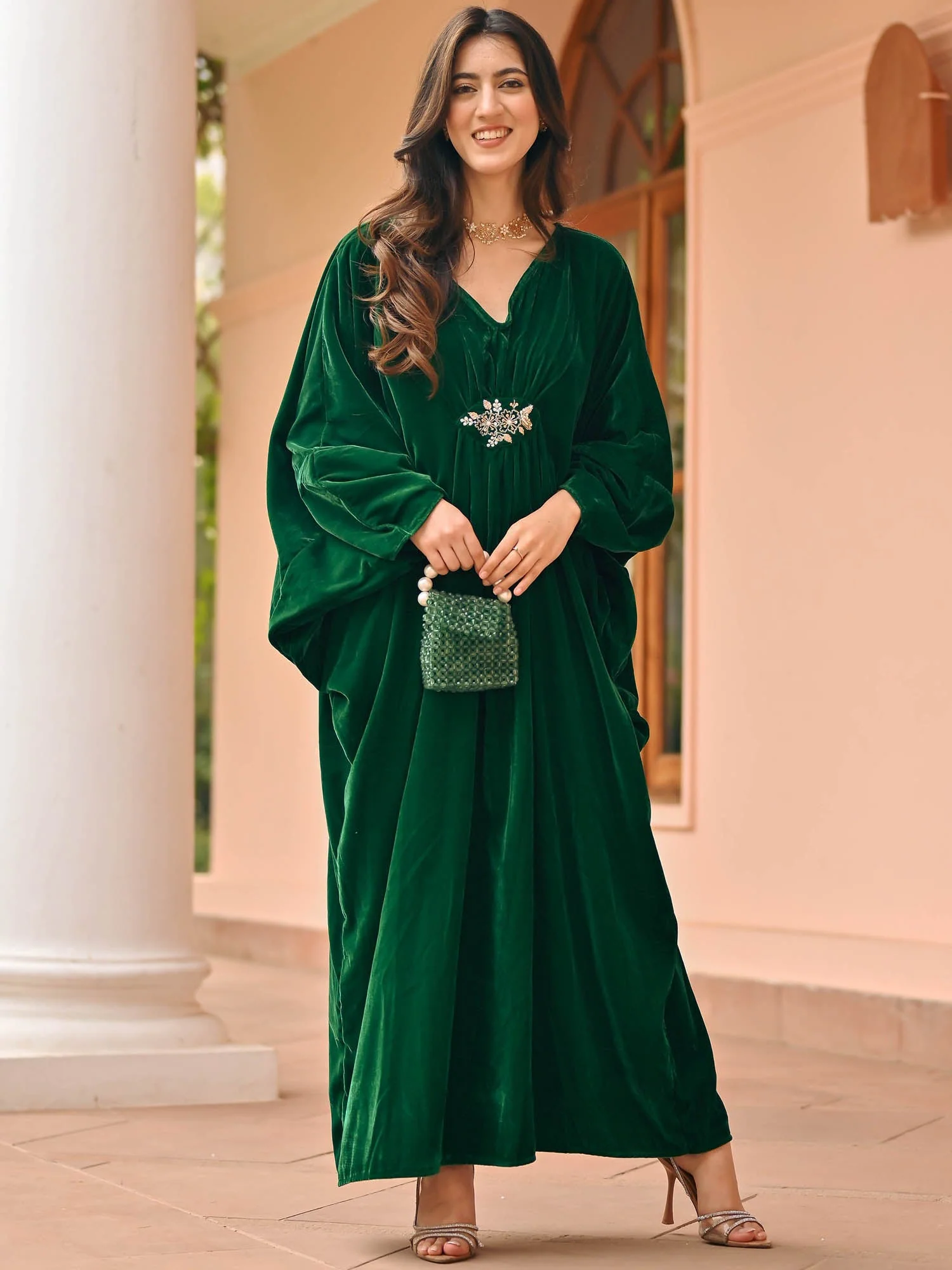 Bottle Green Velvet Kaftan Set - Image 3