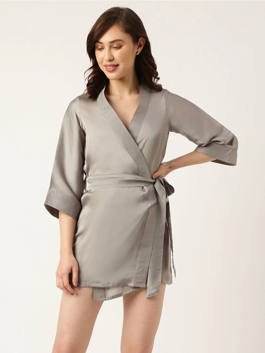 Bride Embroidered Grey Silk Robe - Image 4