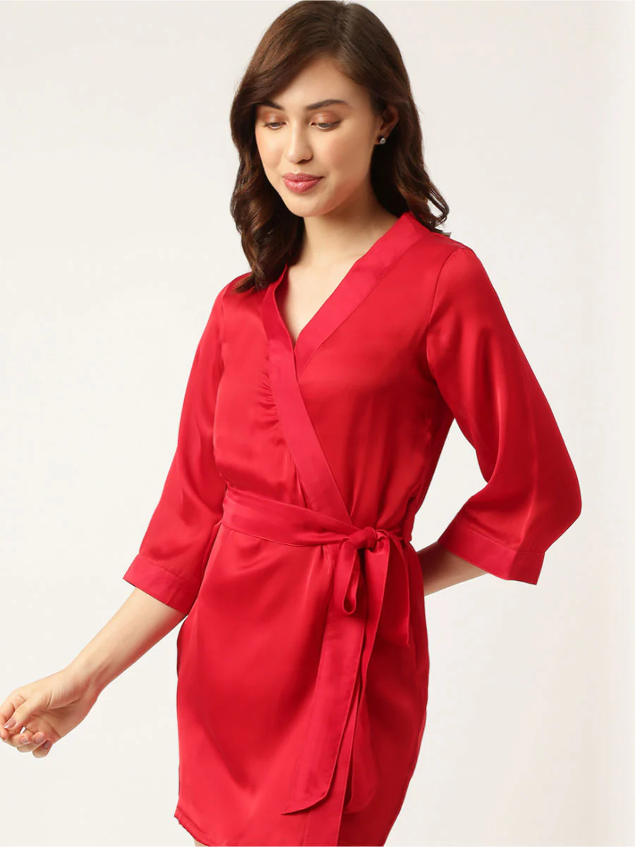 Bridesmaid Embroidered Red Silk Robe - Image 6