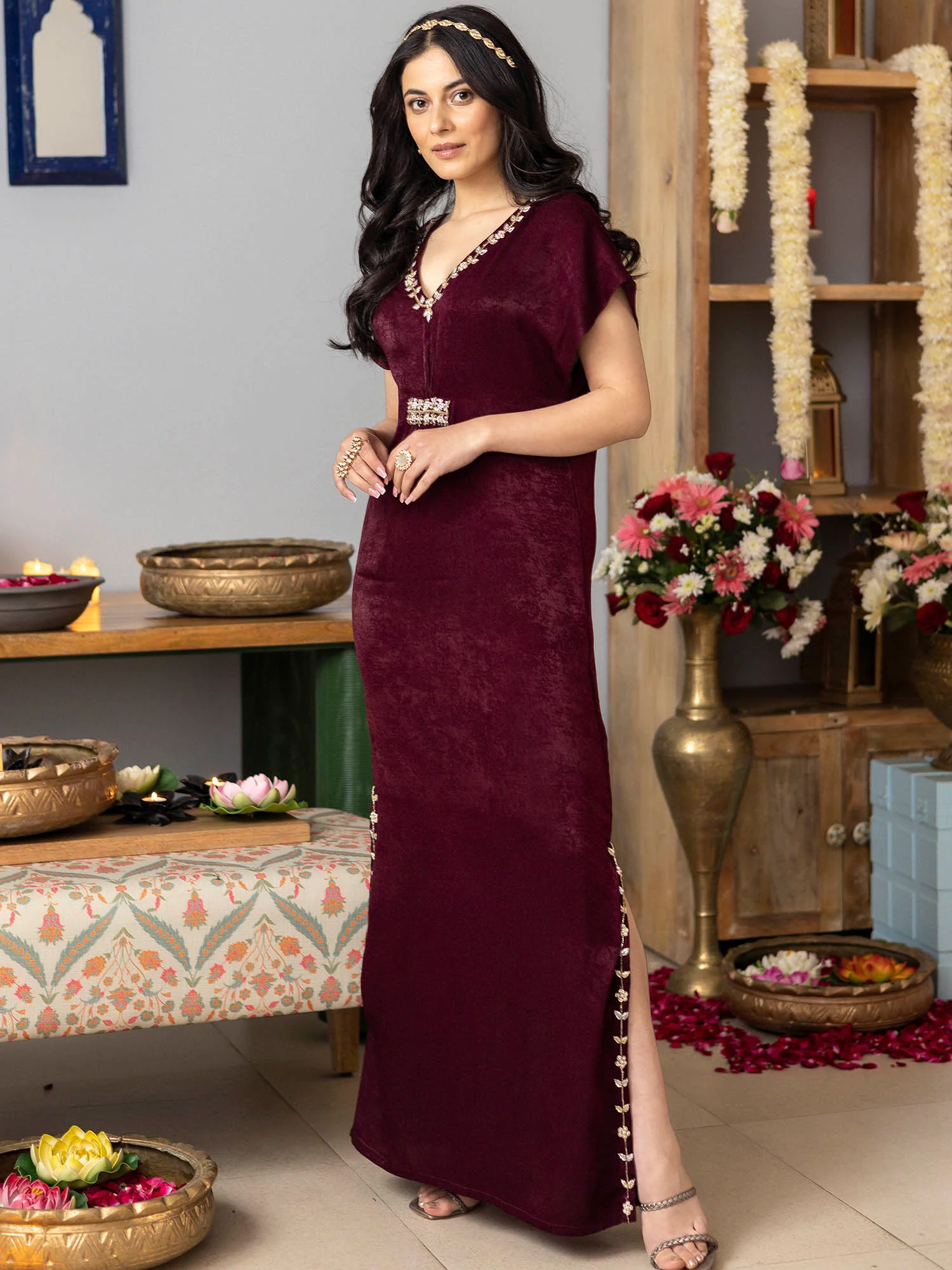 Burgundy Apricot kaftan Dress - Image 9