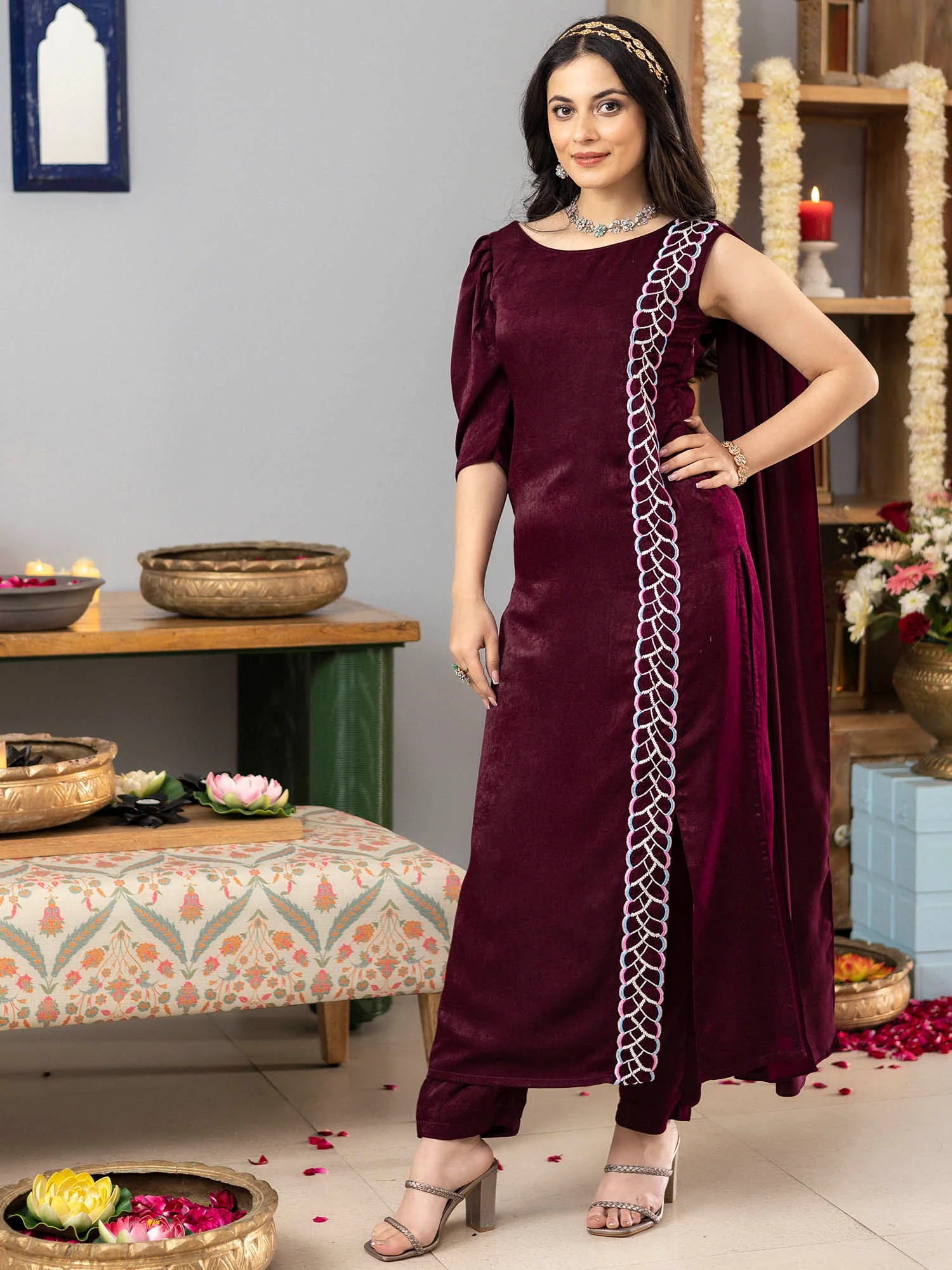 Burgundy Apricot Kurta Set - Image 5
