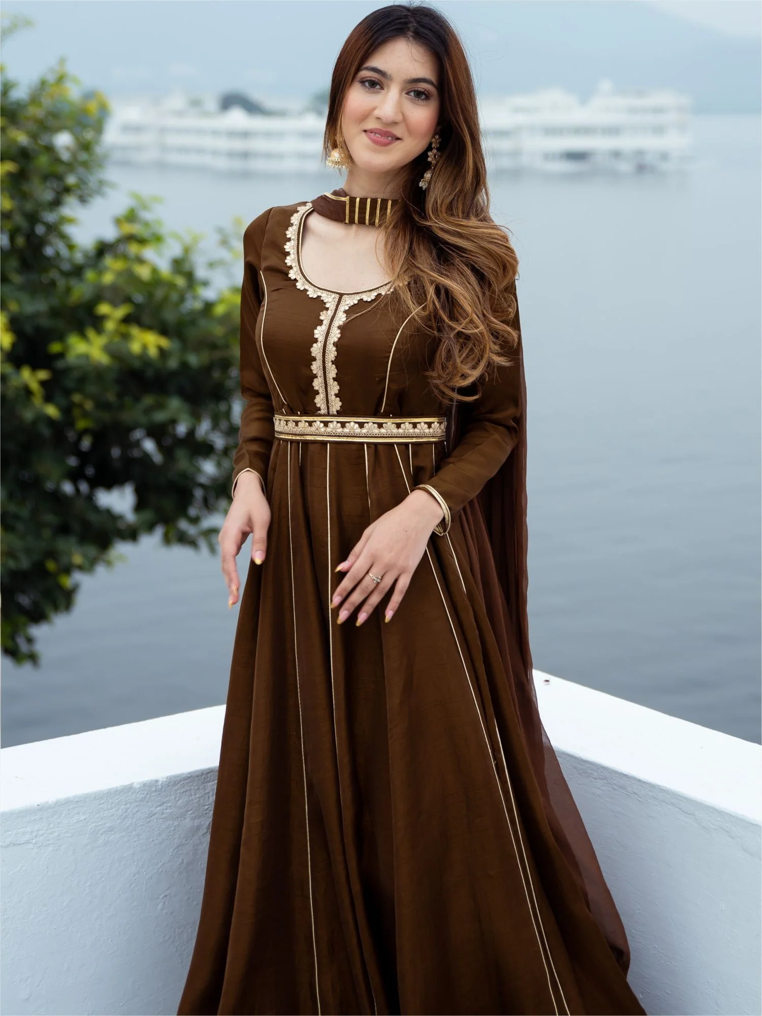 Chocolate Brown Silk Long Dress With Dupatta - Image 5