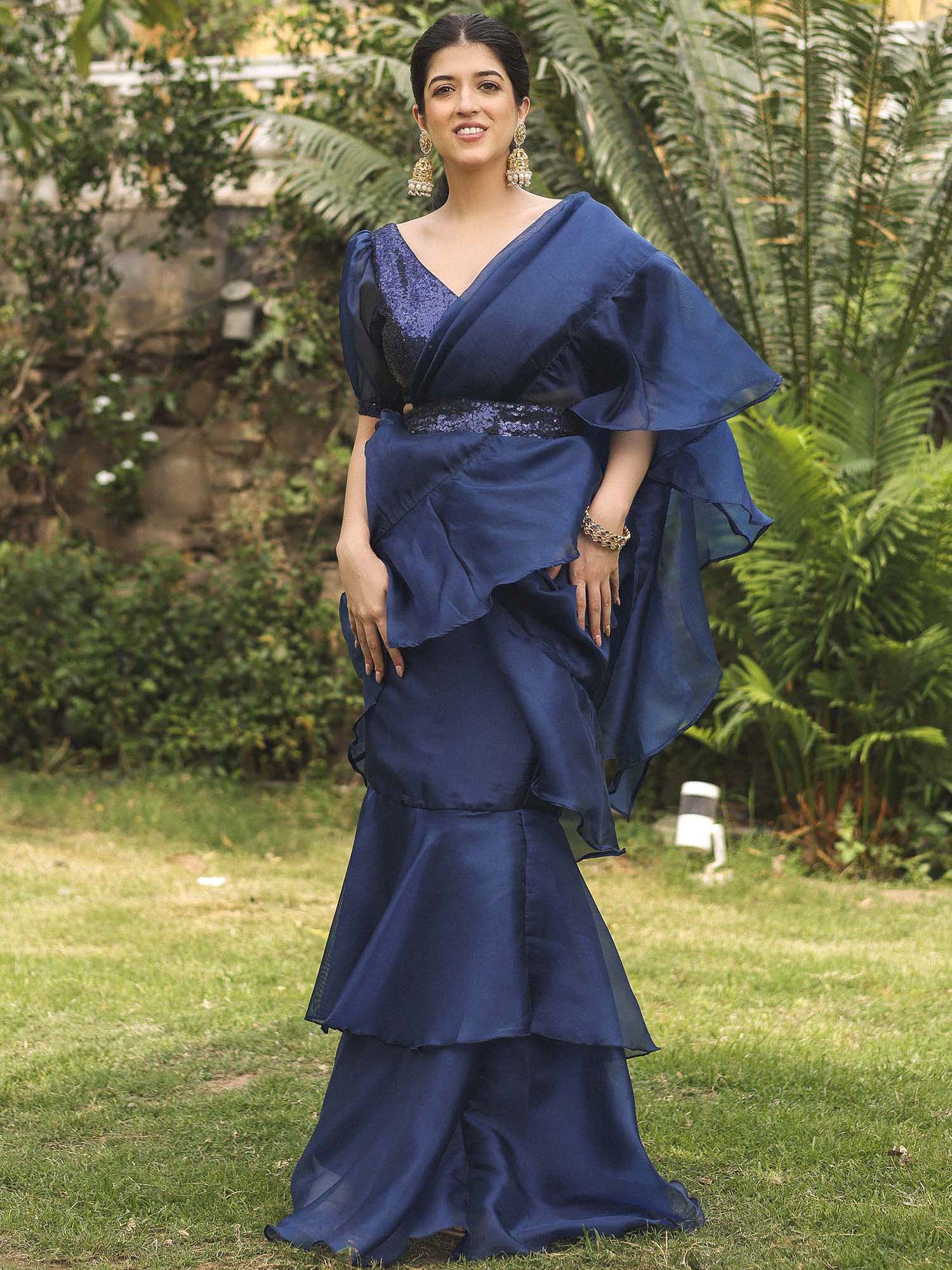 COBALT BLUE RUFFLE SAREE