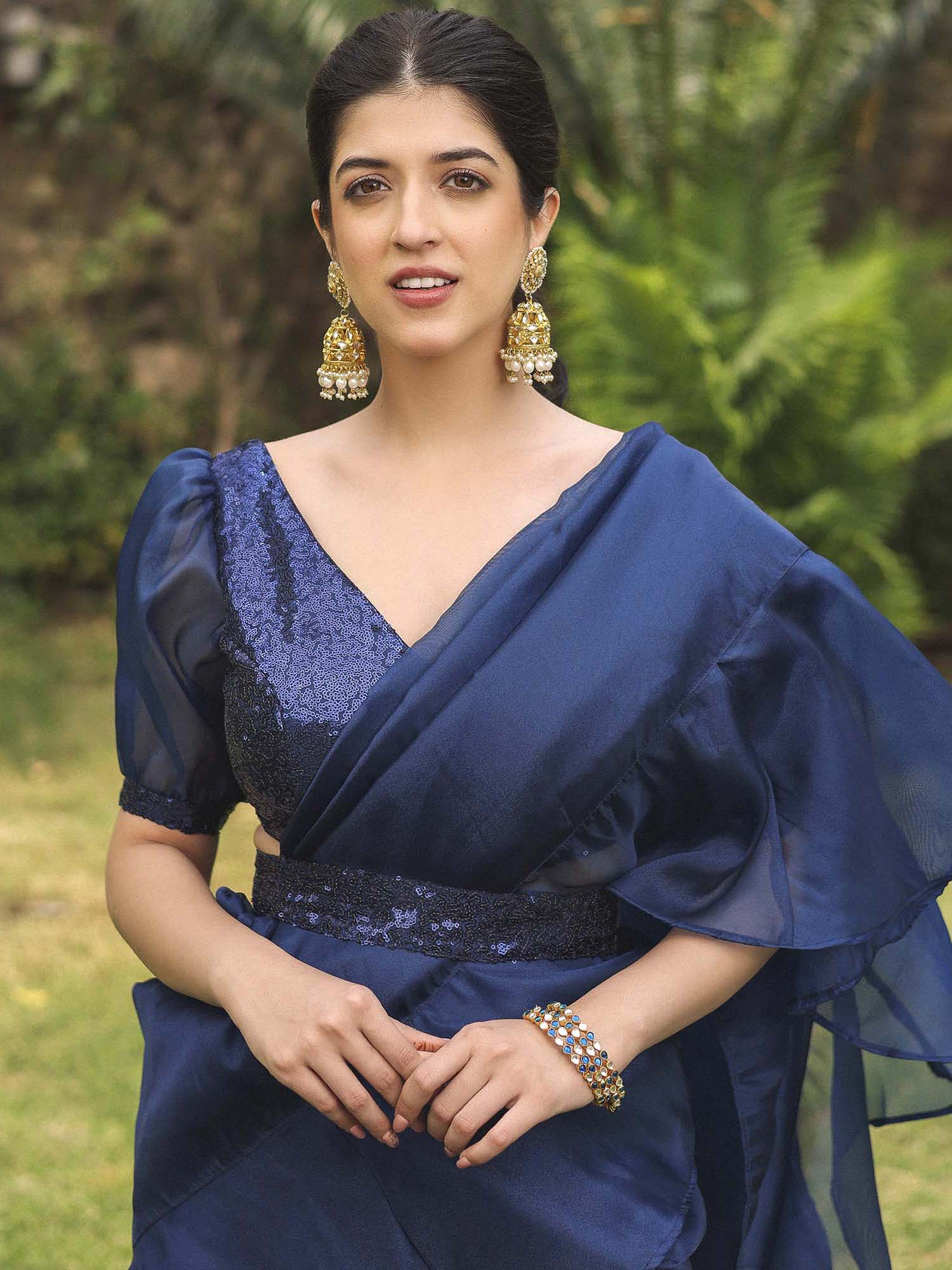 COBALT BLUE RUFFLE SAREE - Image 3