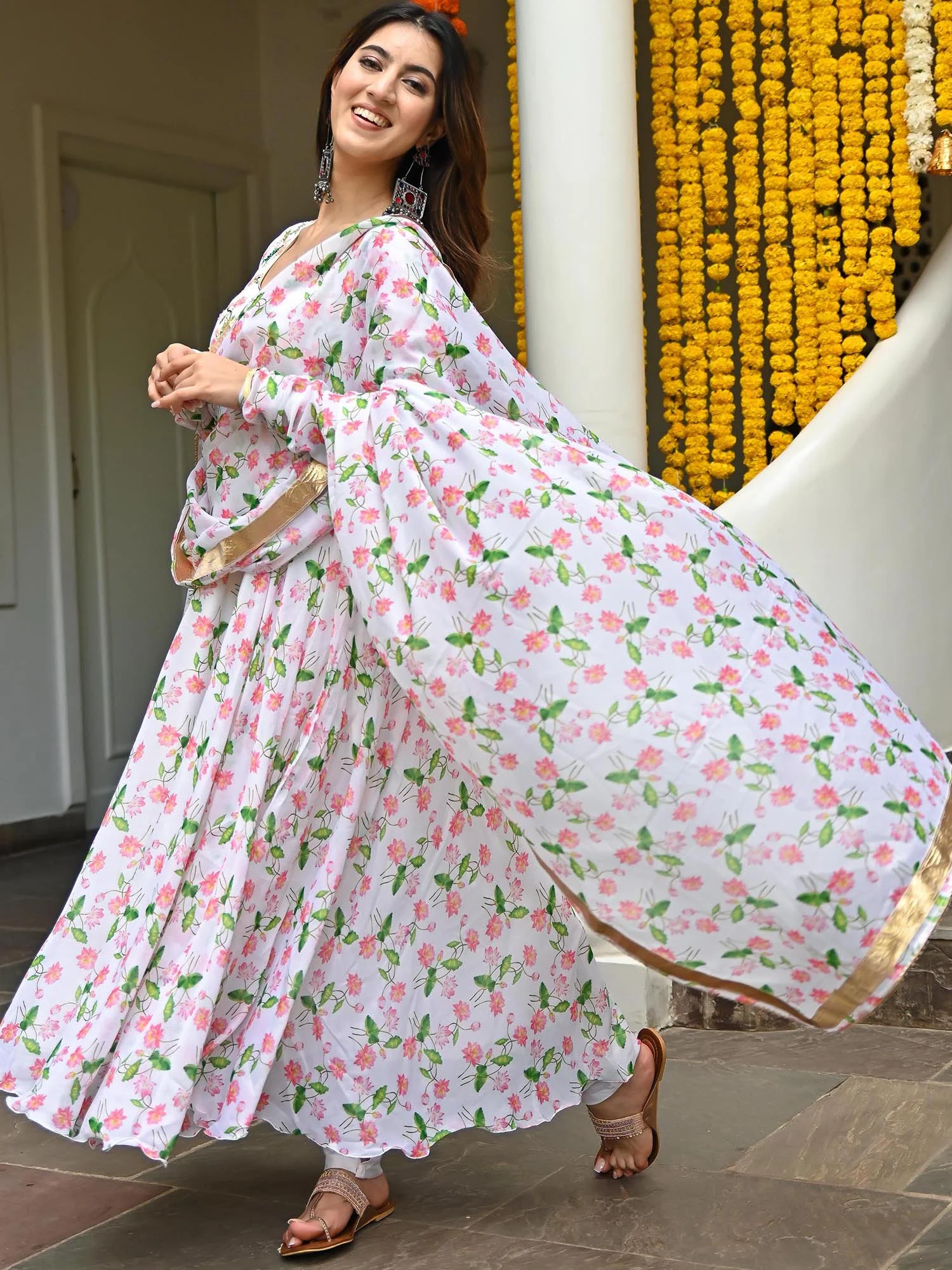 White Printed  Anarkali - Image 4