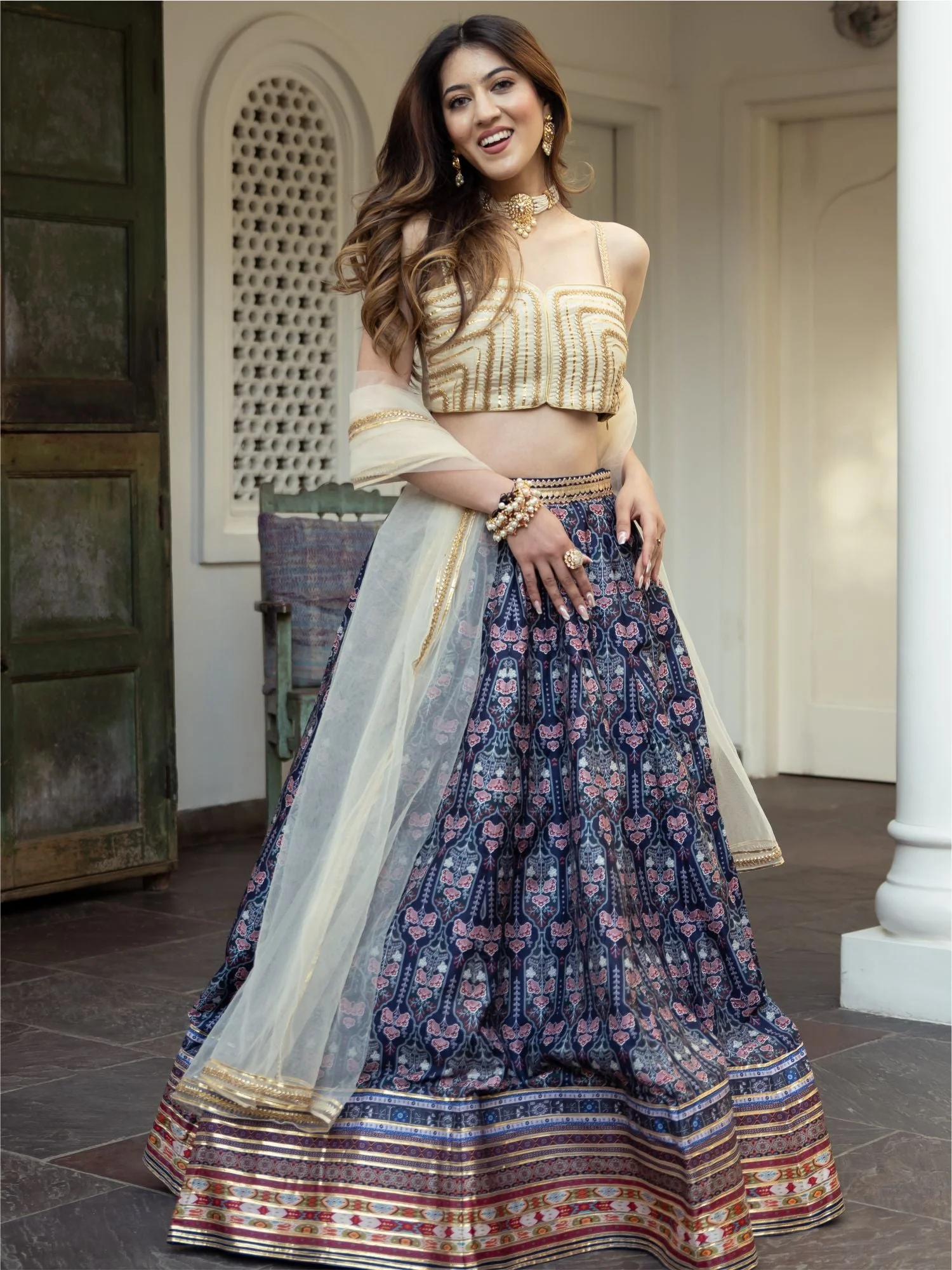 Cream Printed Lehenga Choli Set - Image 5