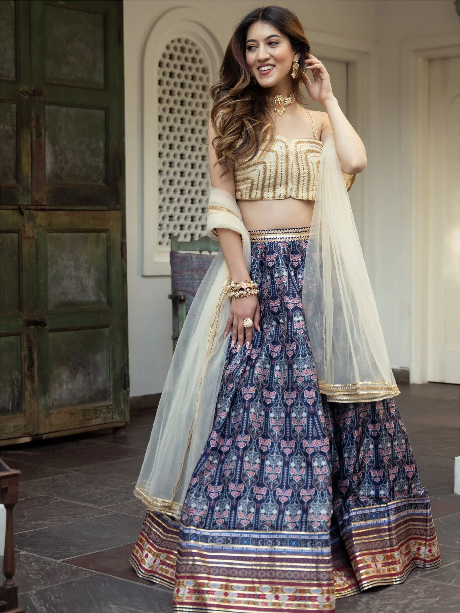 Cream Printed Lehenga Choli Set - Image 8