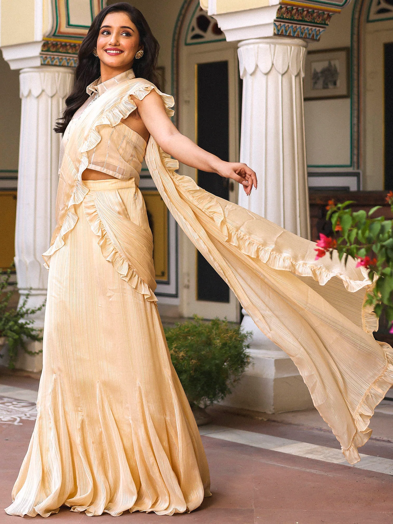 Cream Ruffle Saree With Jacket - Image 3