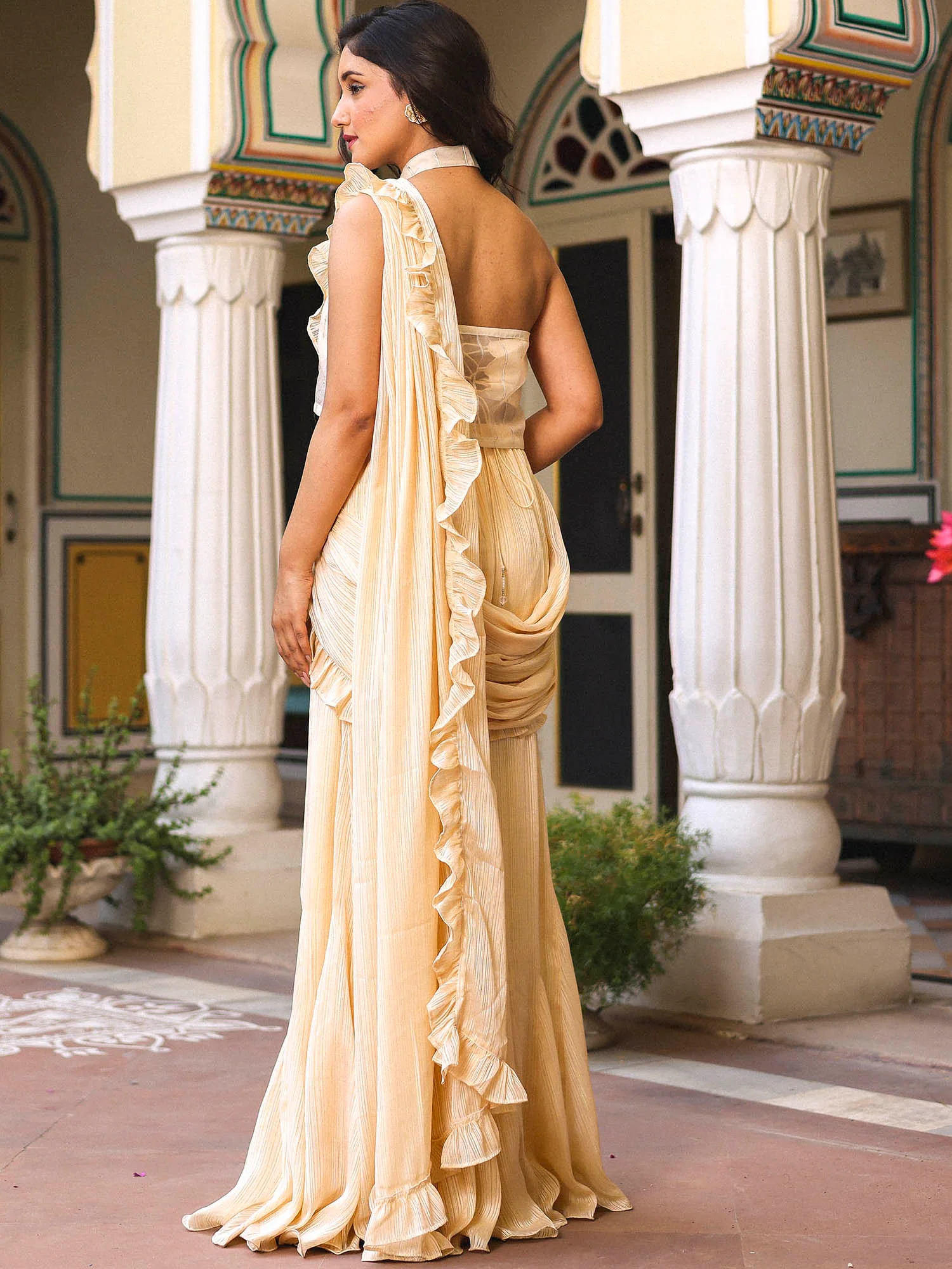 Cream Ruffle Saree With Jacket - Image 7