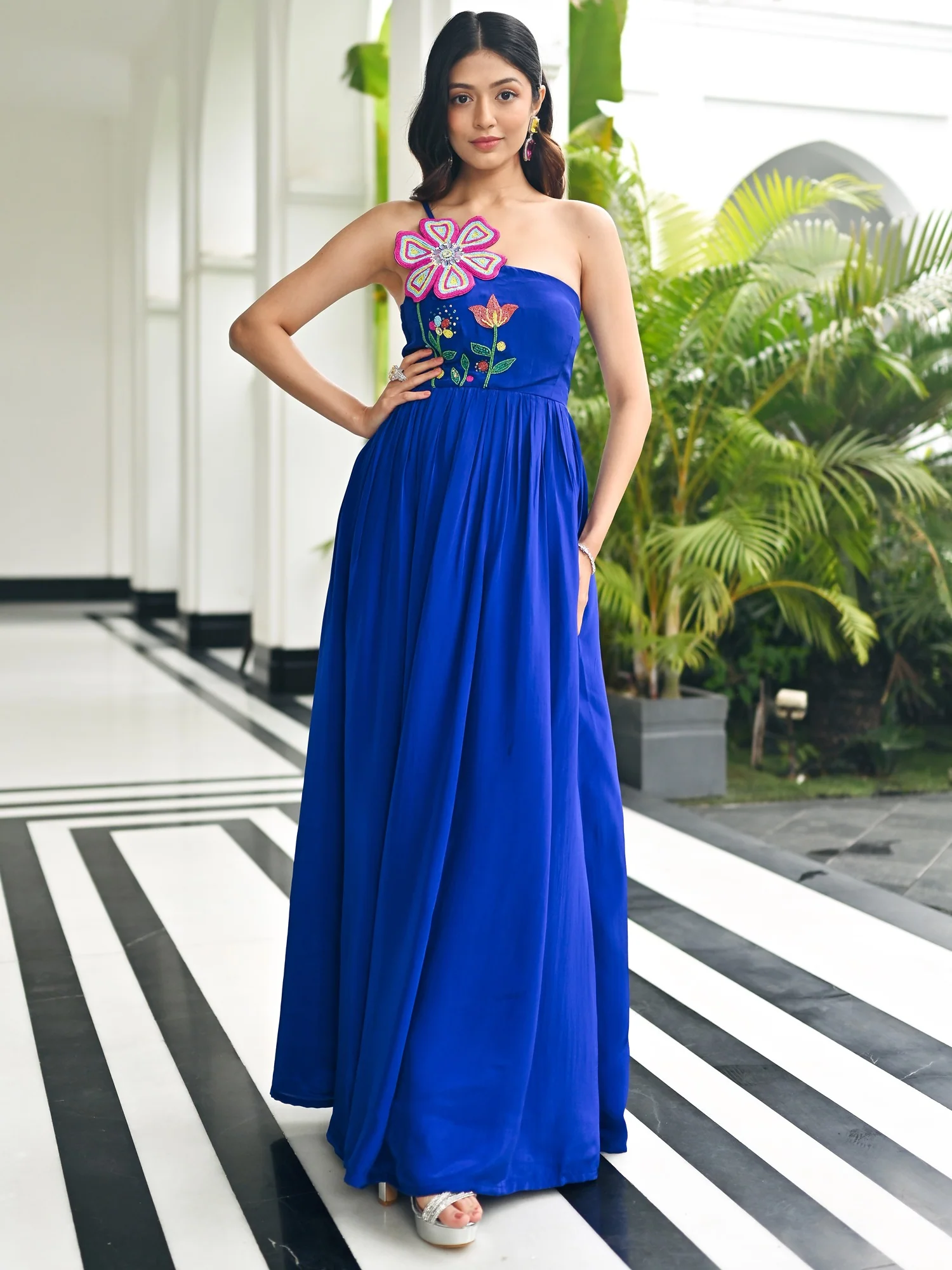 Dark Blue Flower Bouqet Long Dress - Image 5