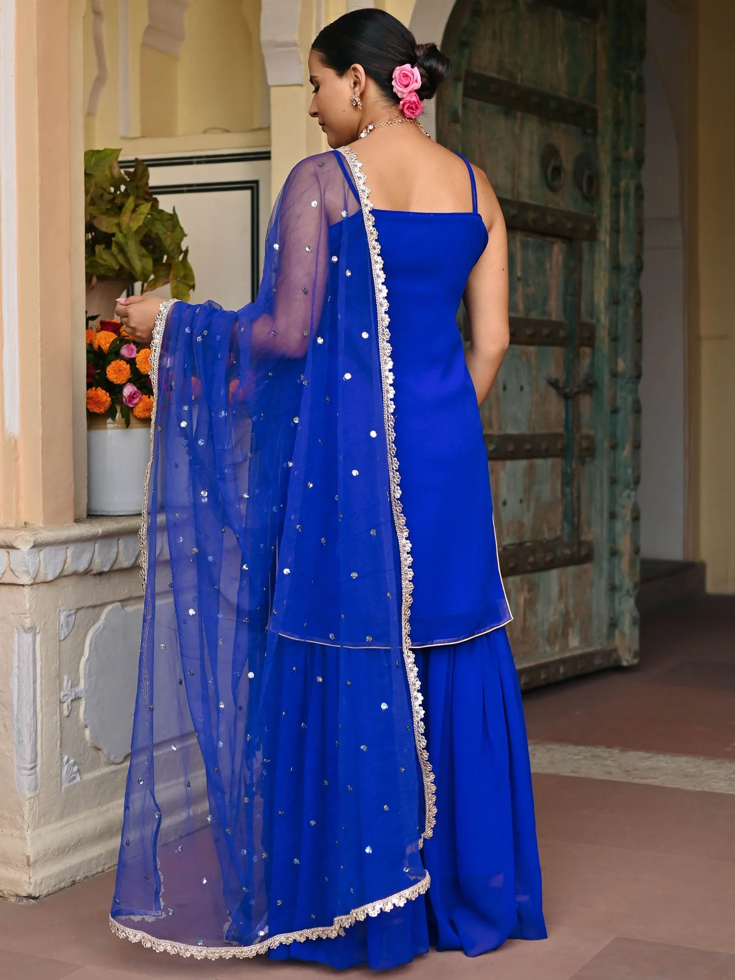 DARK BLUE GEORGETTE KURTA AND SHARARA SET - Image 5