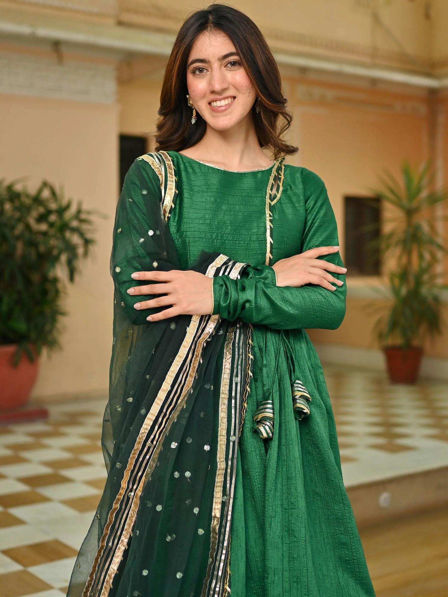 Dark Green Silk Anarkali set - Image 3