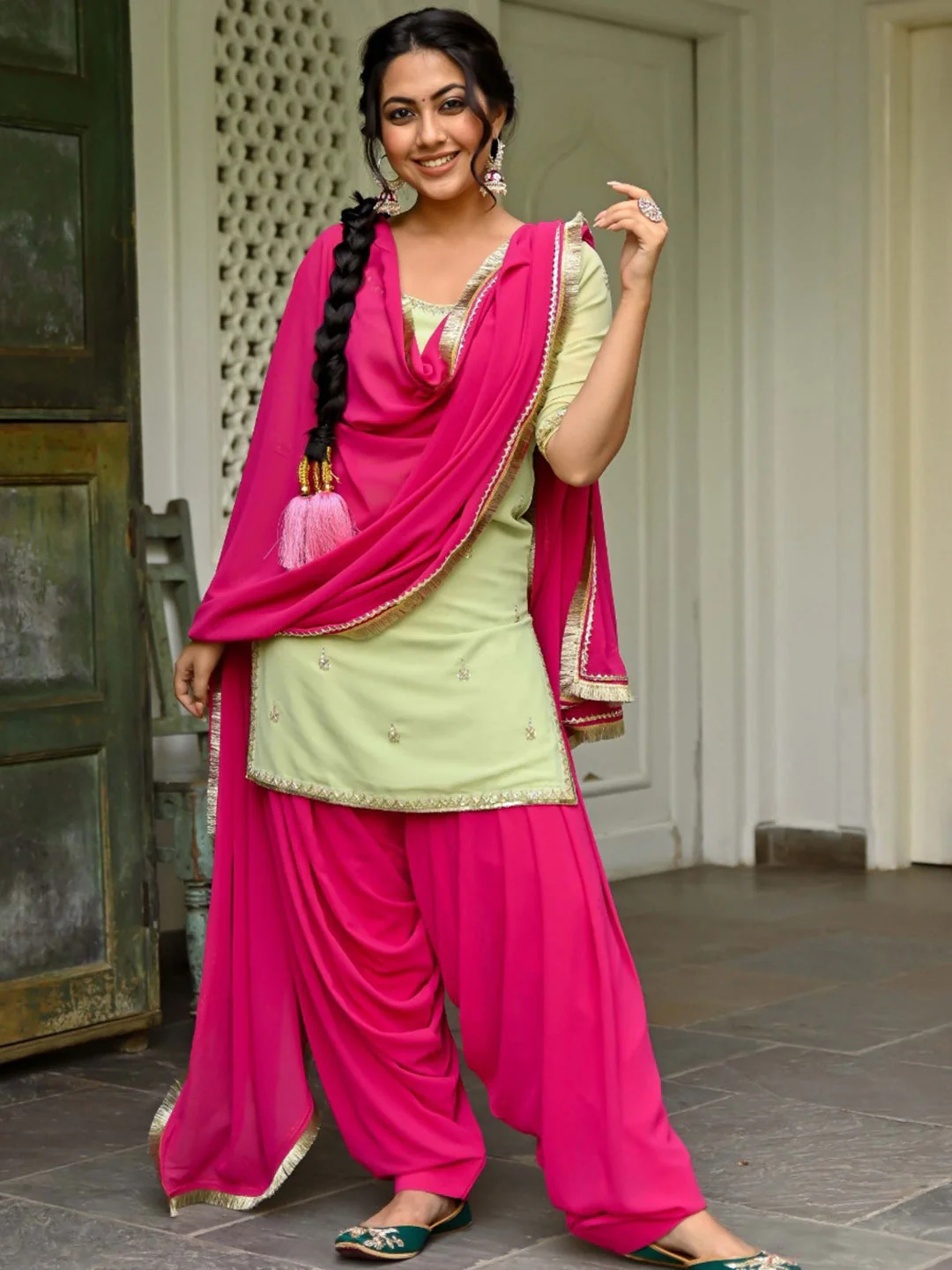 Green And Pink Kurta Patiala Set - Image 4