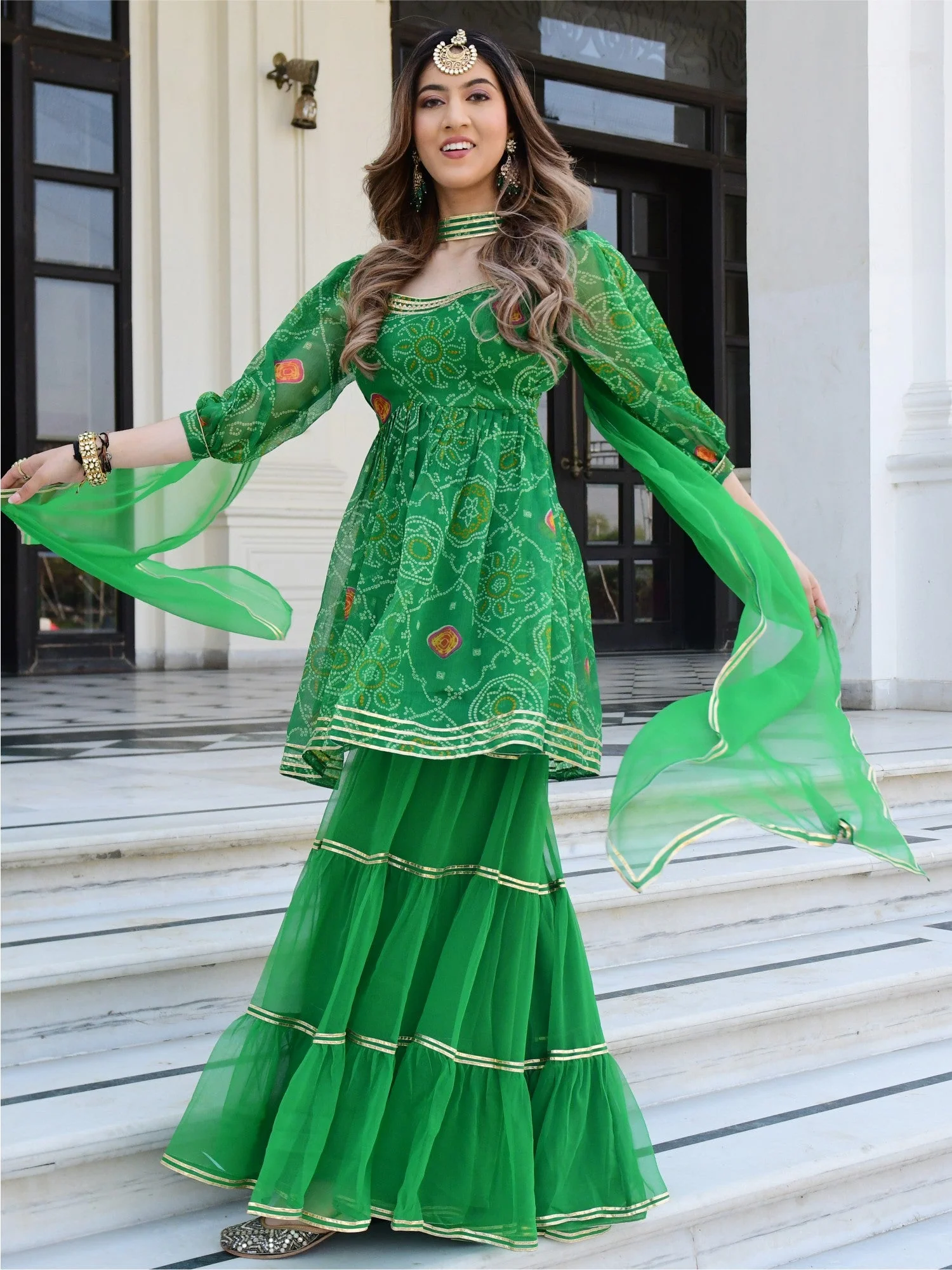 Green Bandhni Print Kurta And Sharara Set - Image 4