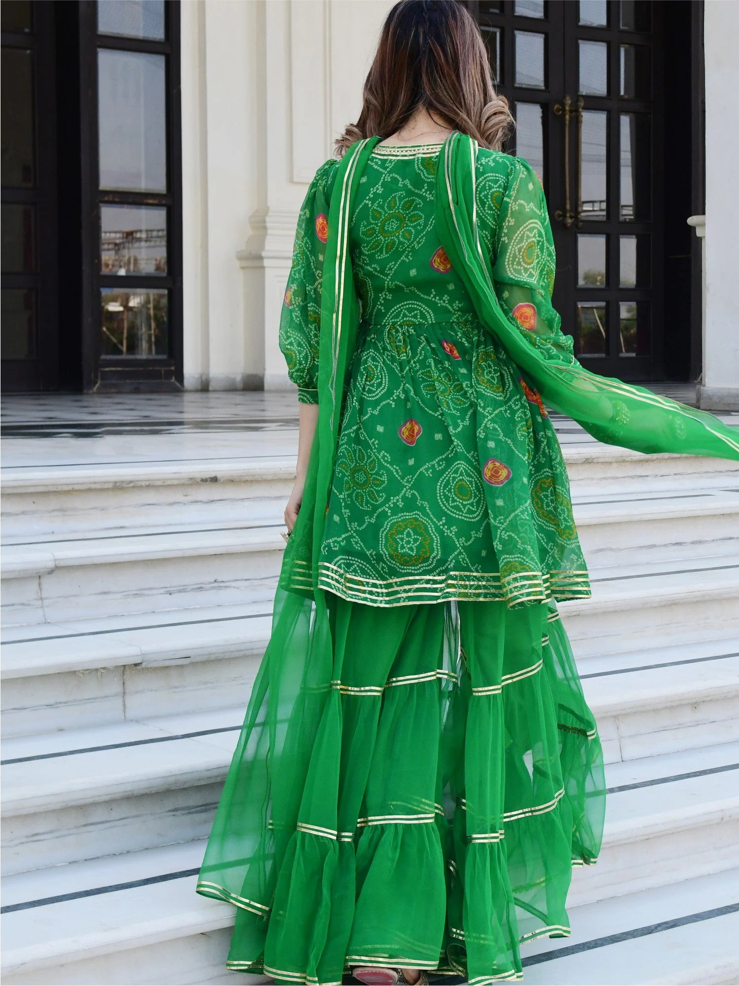 Green Bandhni Print Kurta And Sharara Set - Image 5