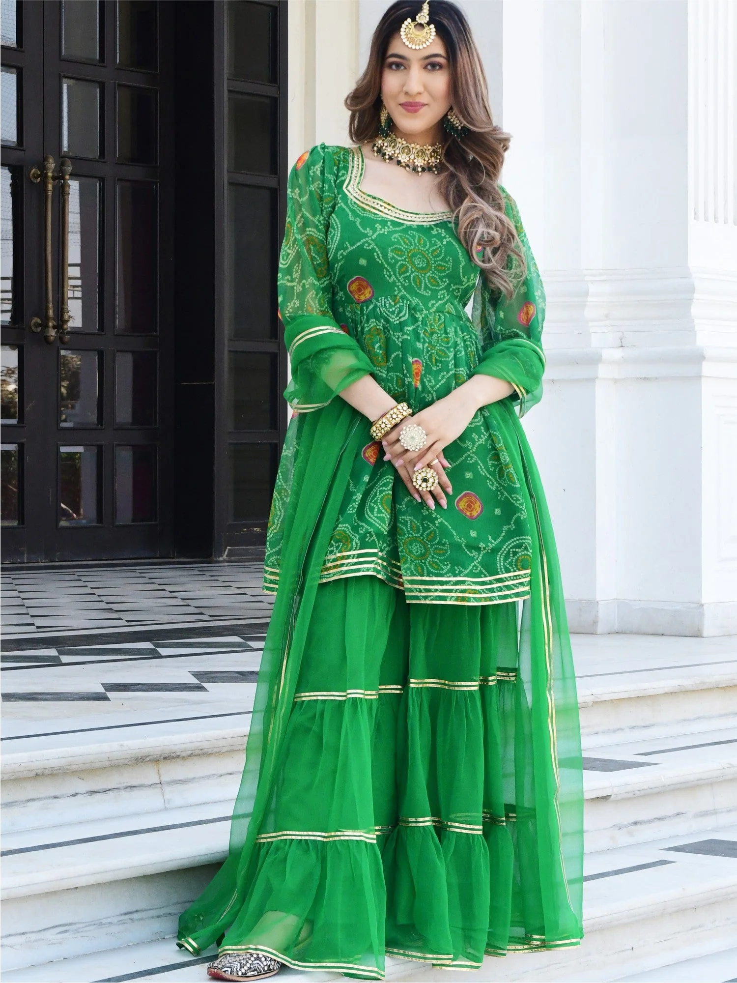 Green Bandhni Print Kurta And Sharara Set - Image 8