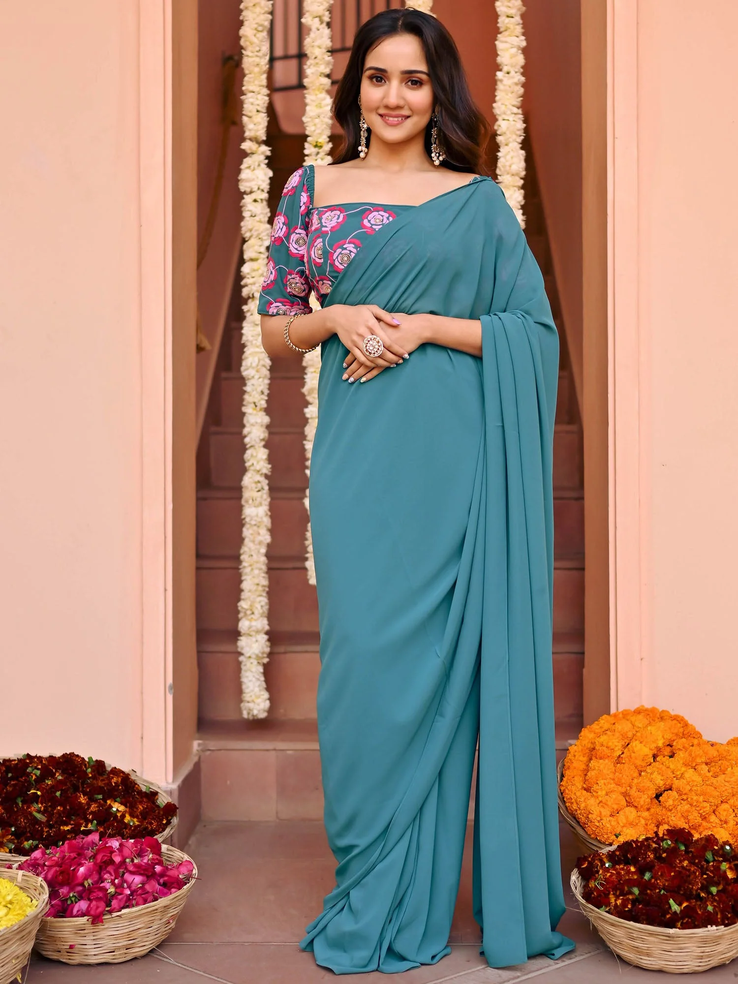 Green Embroidered Ready to wear Saree - Image 4