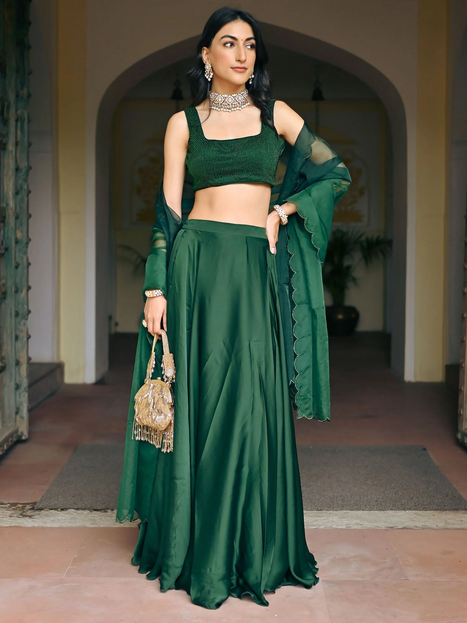 Green Handwork Blouse Lehenga Set - Image 2
