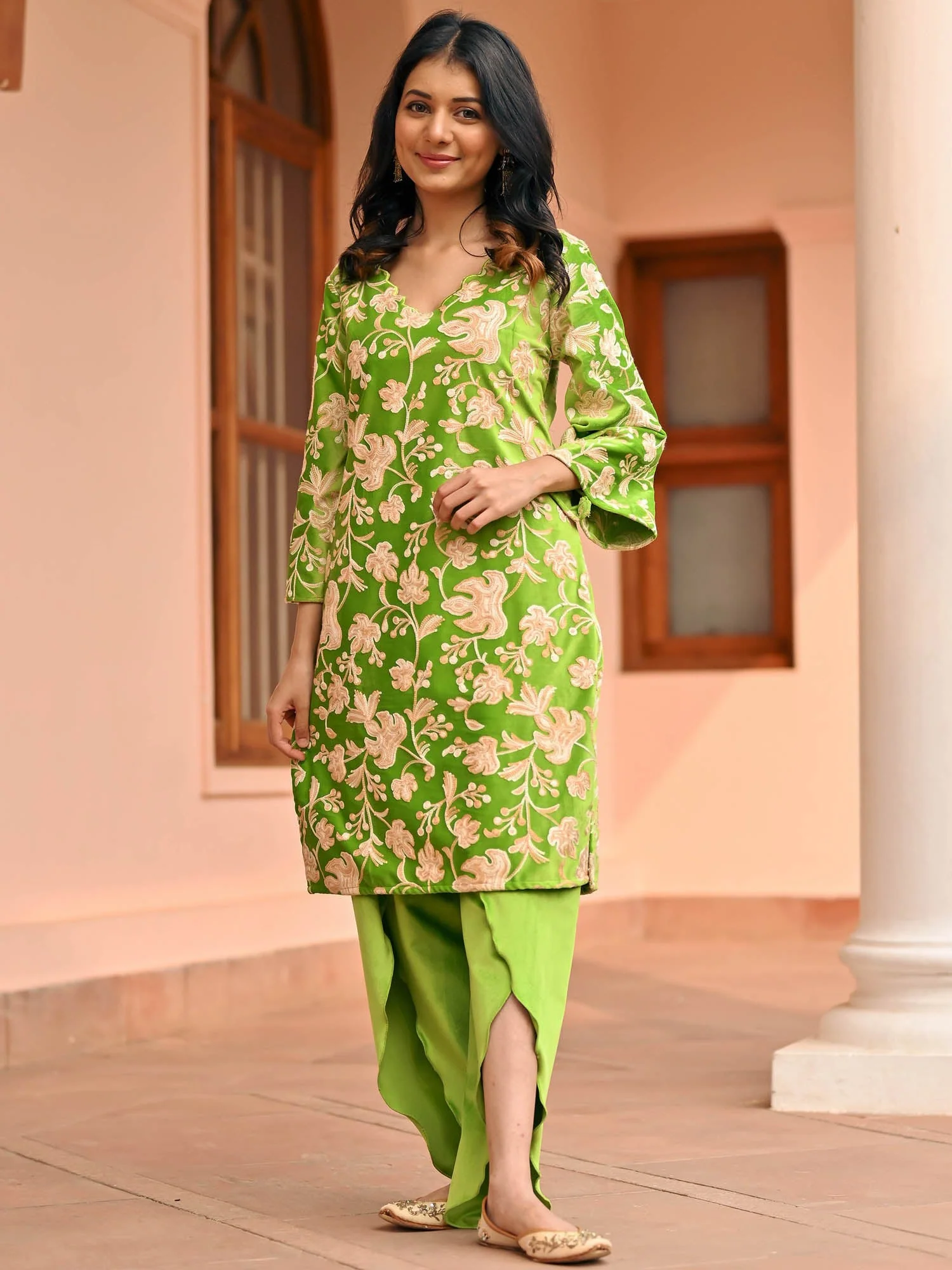 Green Velvet Kurta Dhoti Set - Image 7