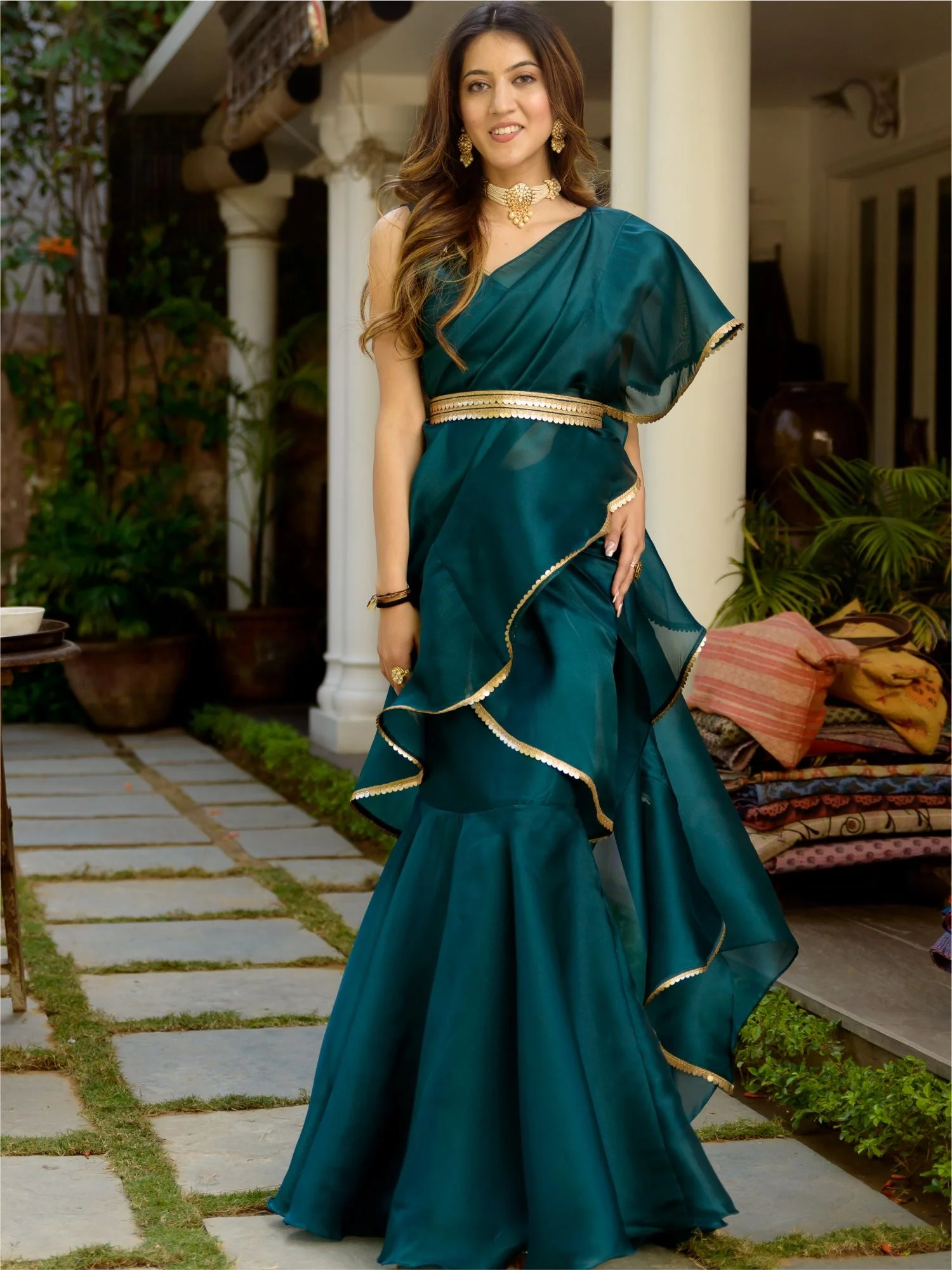 Green Organza Stitched Saree - Image 5