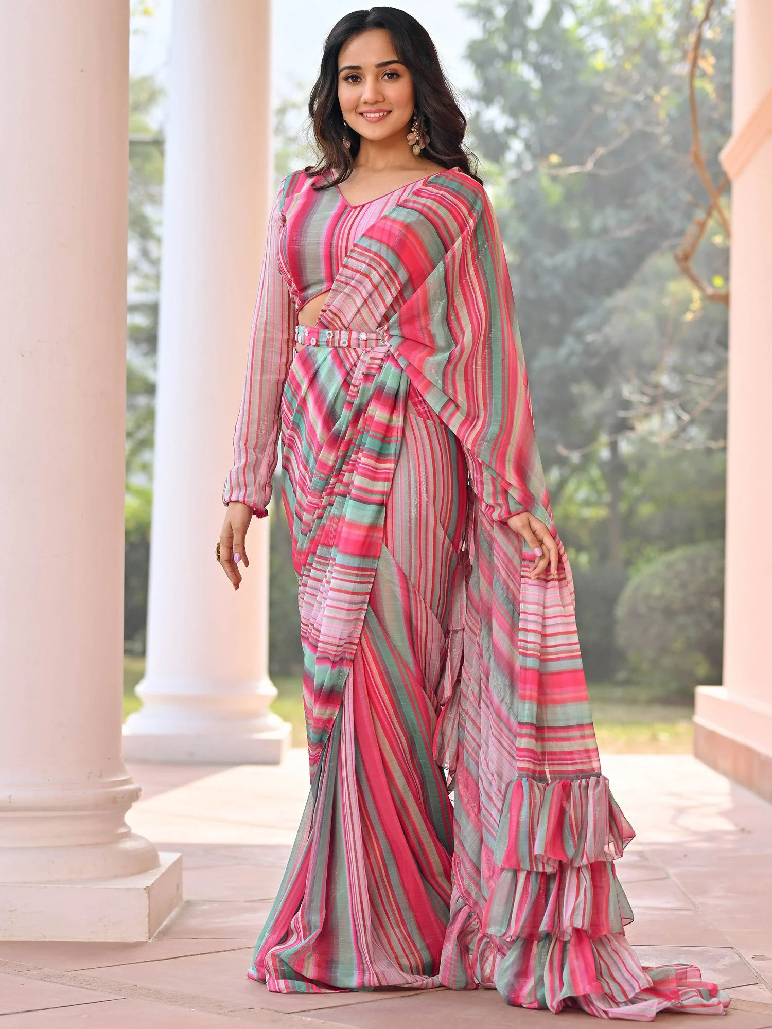 Green Stripes Pre Draped Saree - Image 9