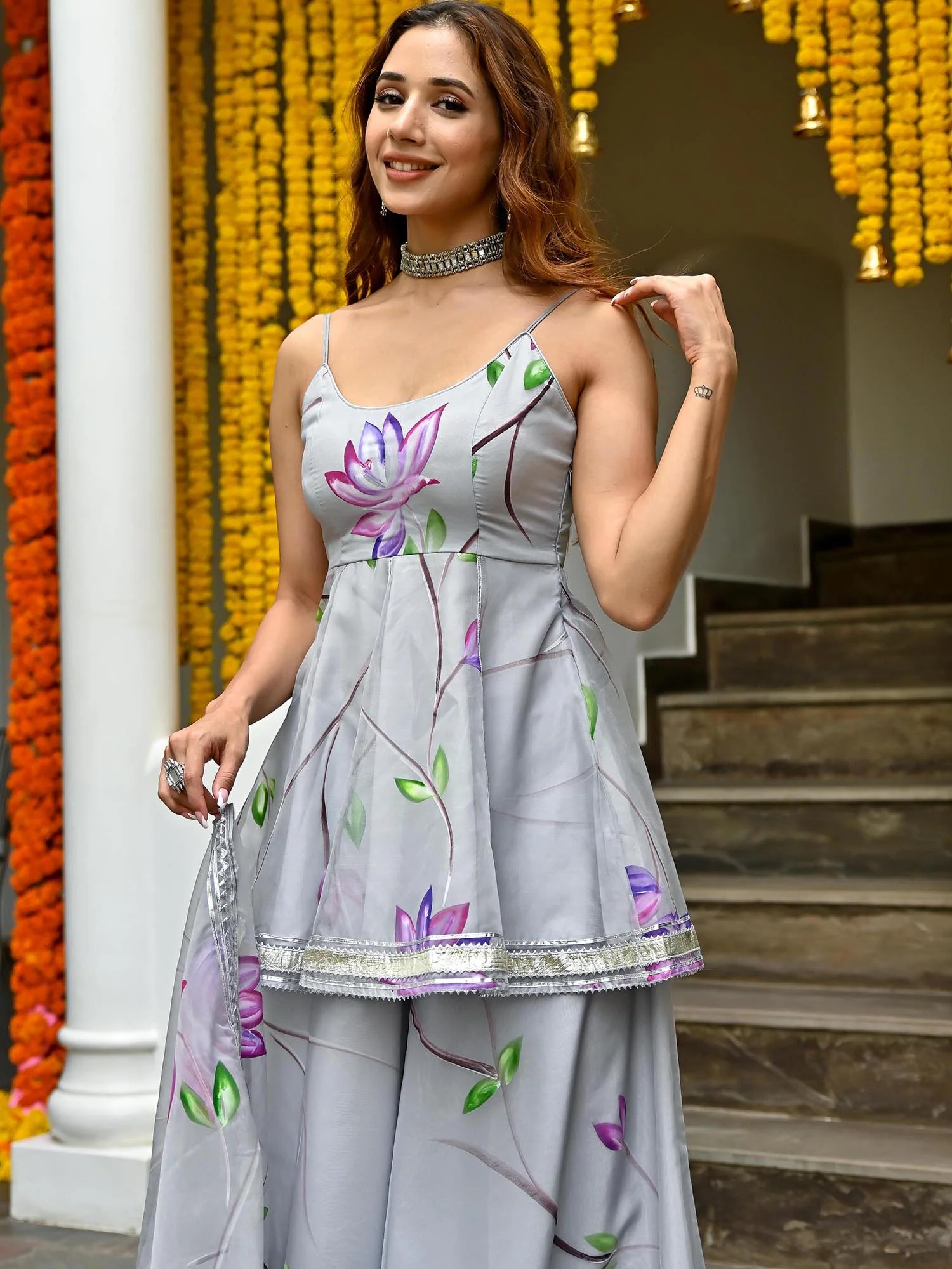 Grey Hand Painted Sharara Set - Image 6