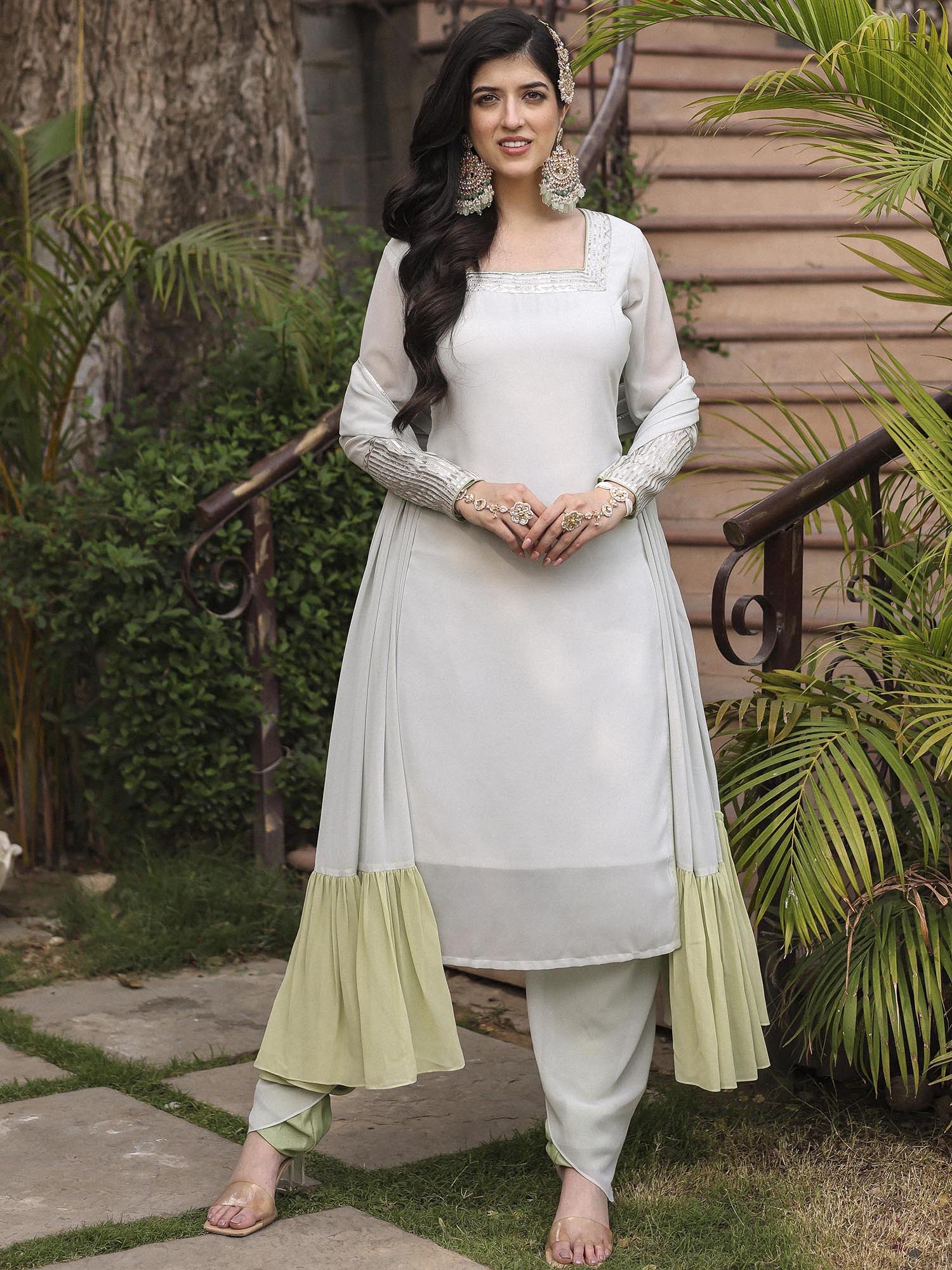 GREY KURTA CHURIDAR DHOTI SET