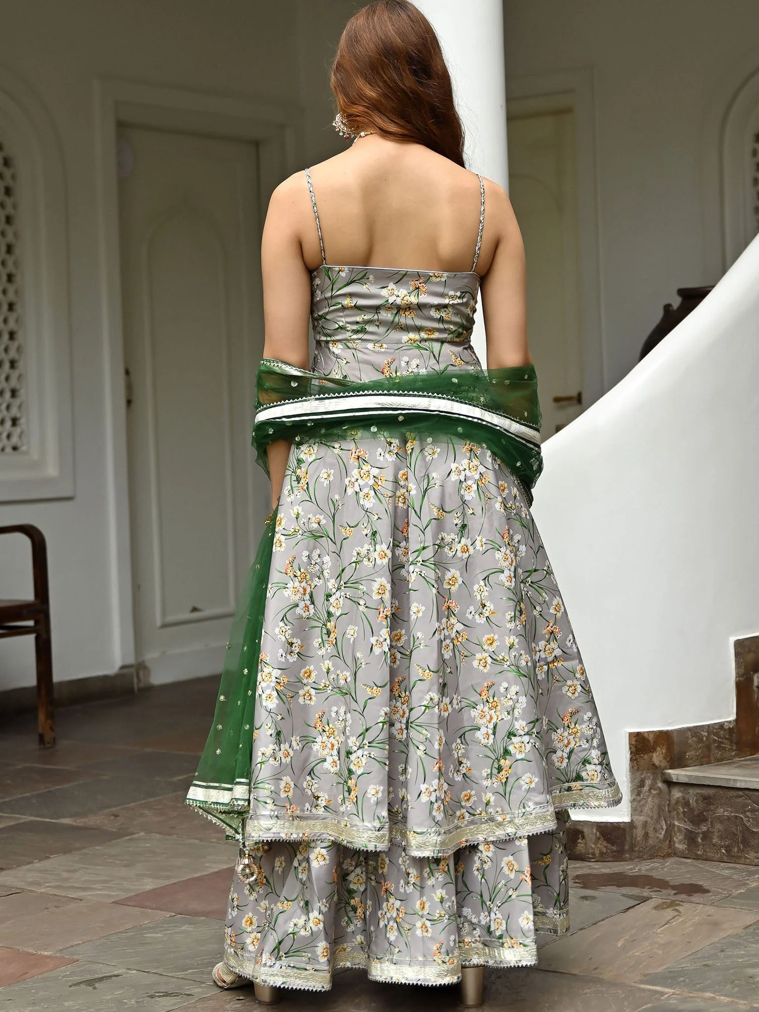 Grey Printed Silk Sharara Set - Image 8