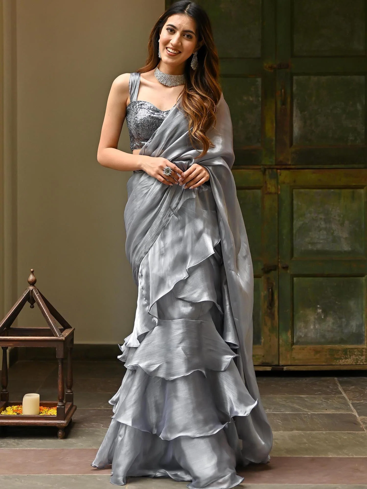 Grey Sequins Organza Ruffle Saree - Image 4