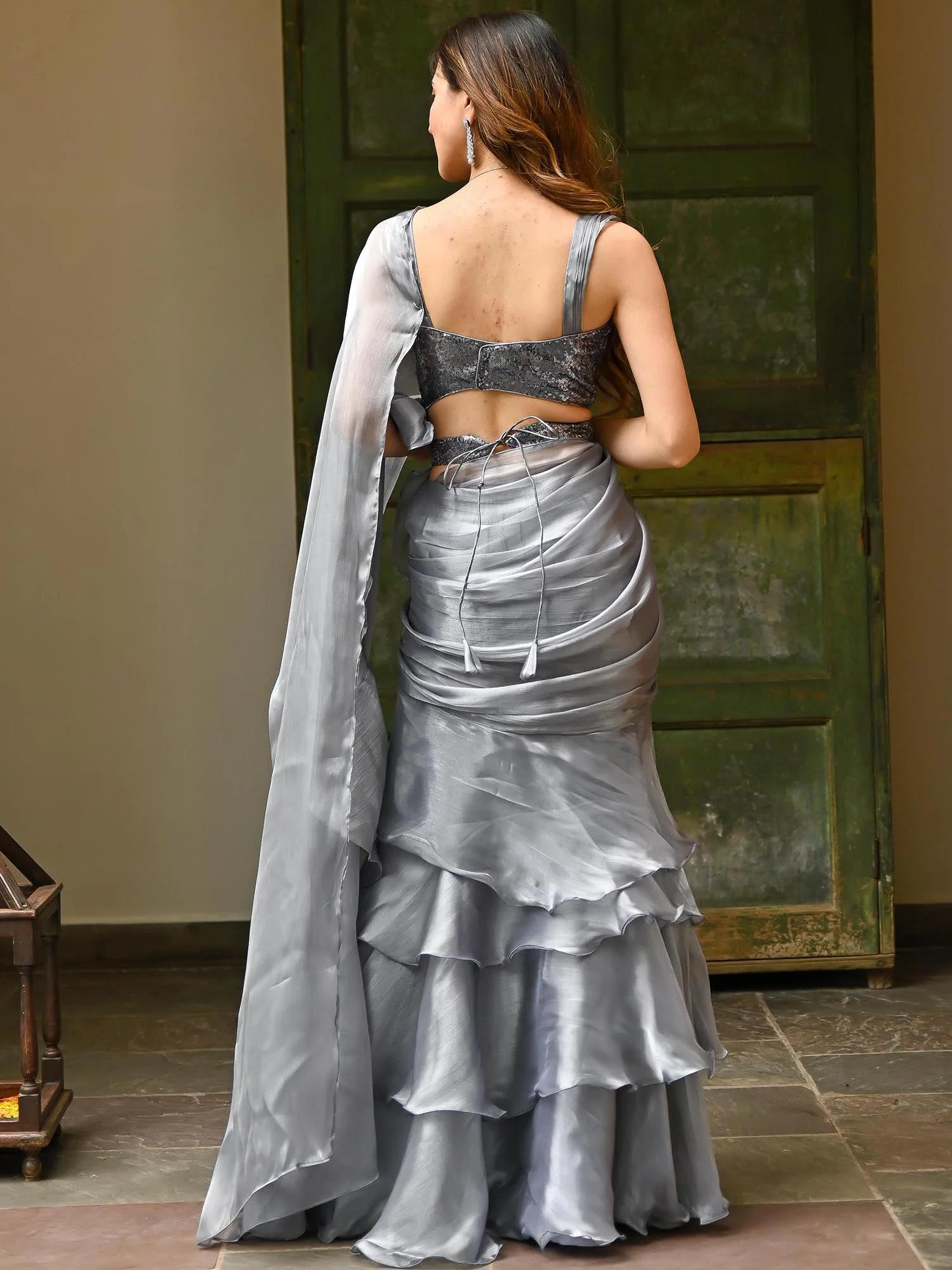 Grey Sequins Organza Ruffle Saree - Image 6