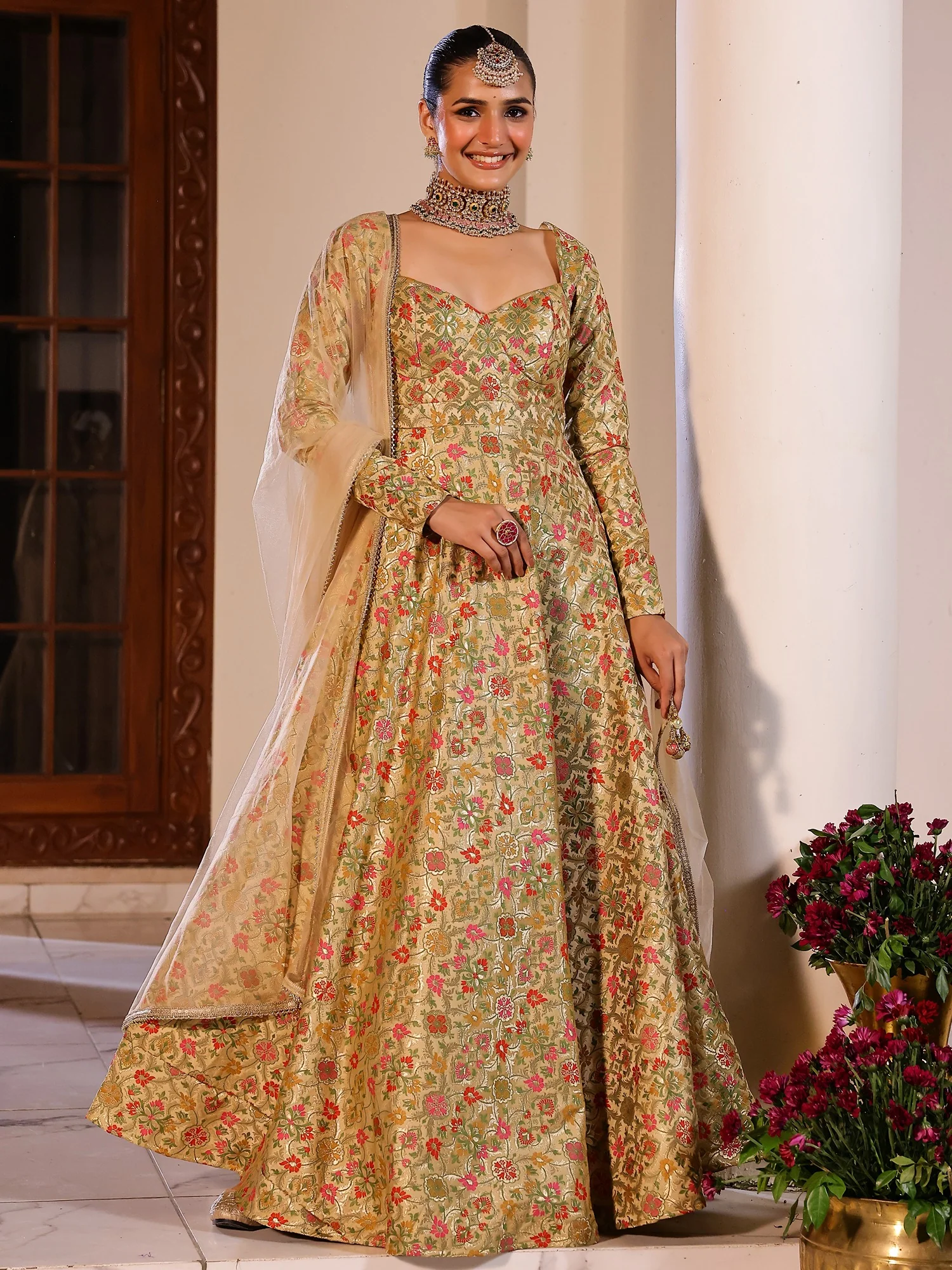 Kimkhab Brocade Beige Anarkali - Image 6