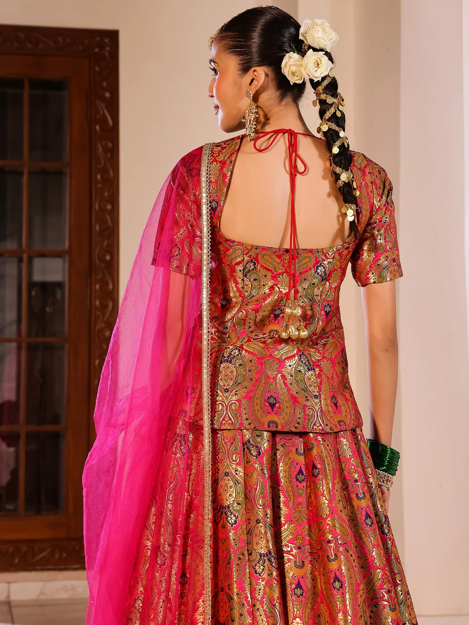 Kimkhab Pink Brocade Lehenga - Image 3