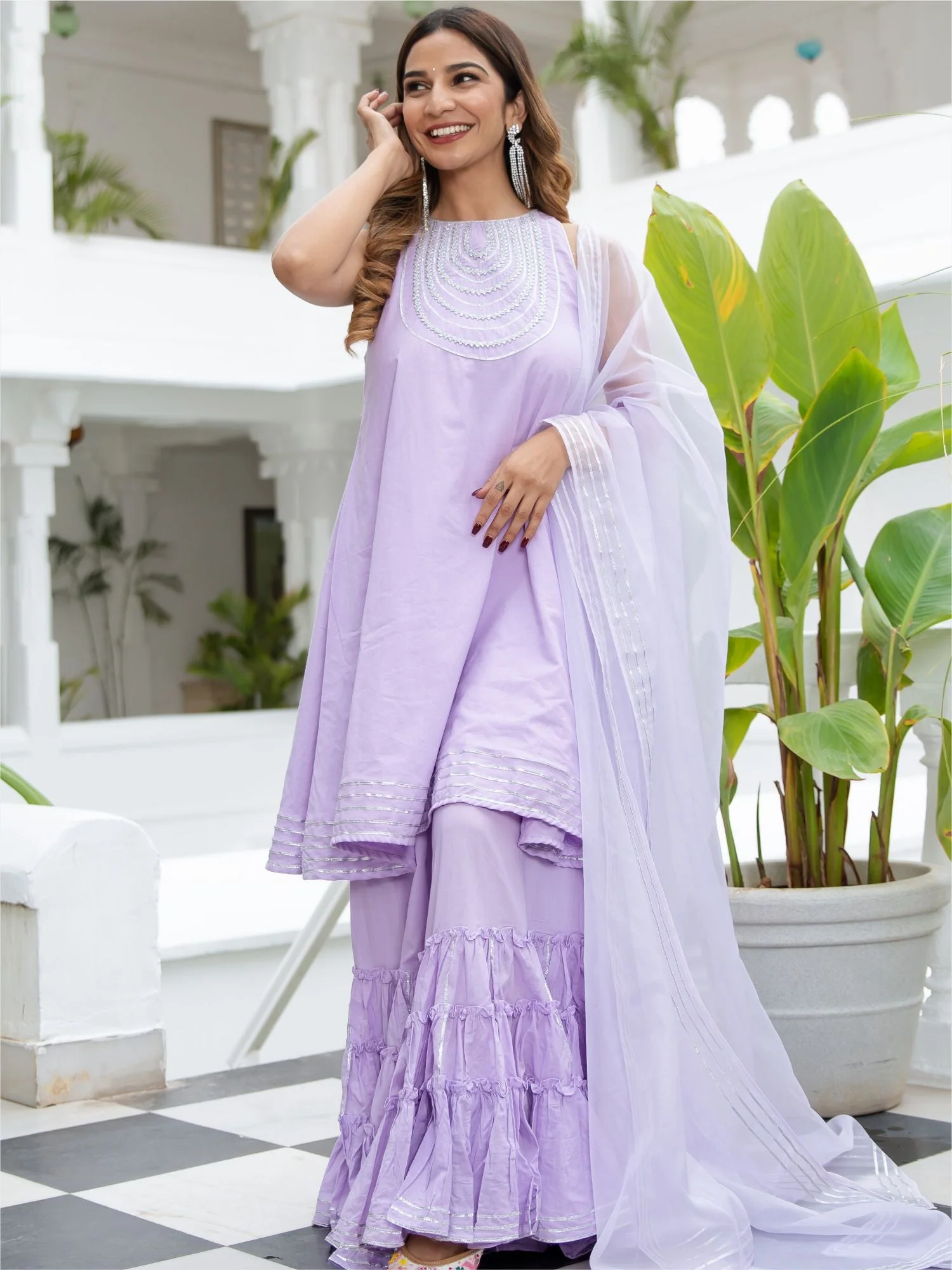 Lavender Cotton Flared Kurta and Palazzo Set - Image 2